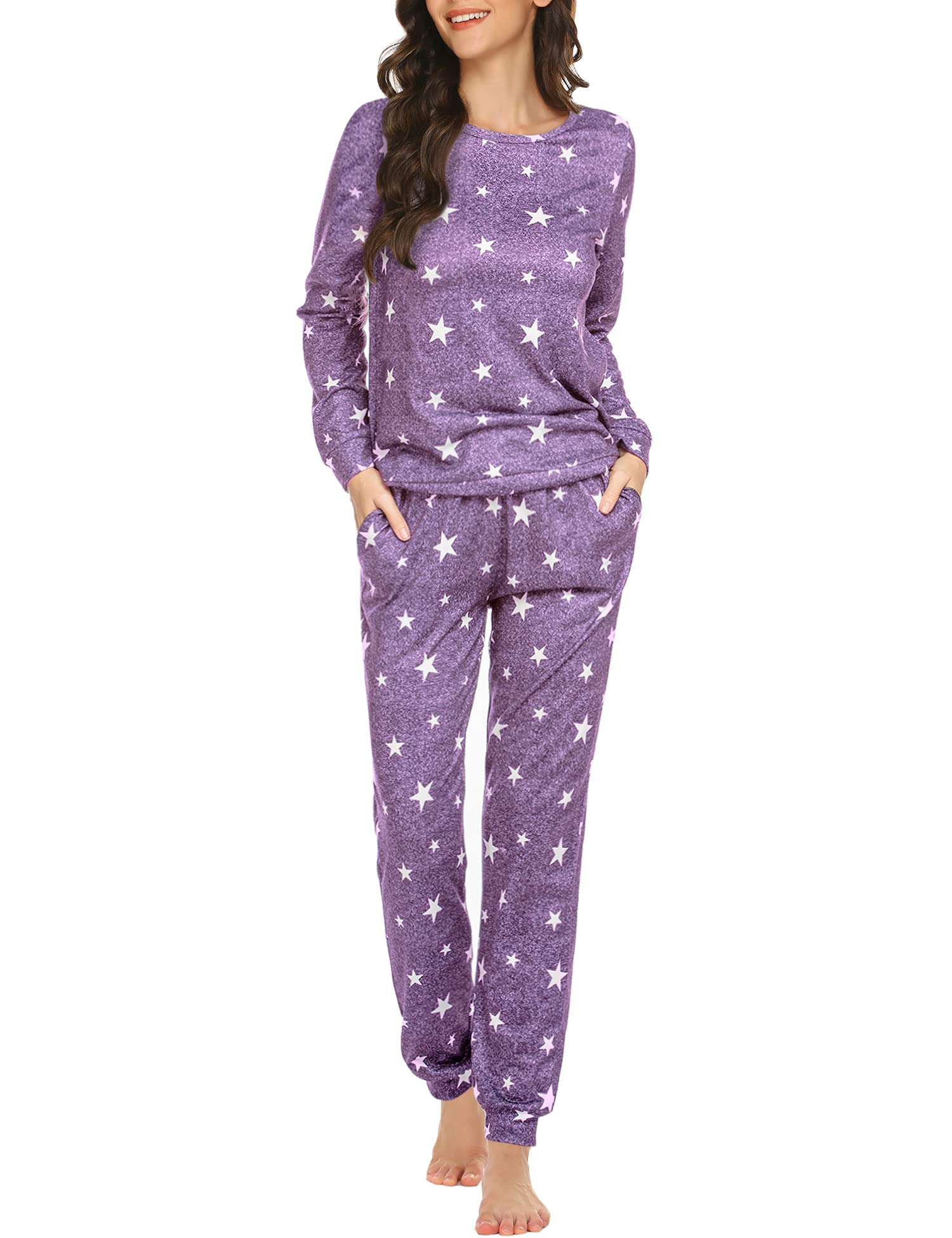 Ekouaer Women's Long Sleeve Pajama Set - Soft Star Print Sleepwear with Pockets for Cozy Nights & Lounge Wear | Perfect for Bedtime, Relaxing at Home, and Gift Giving
