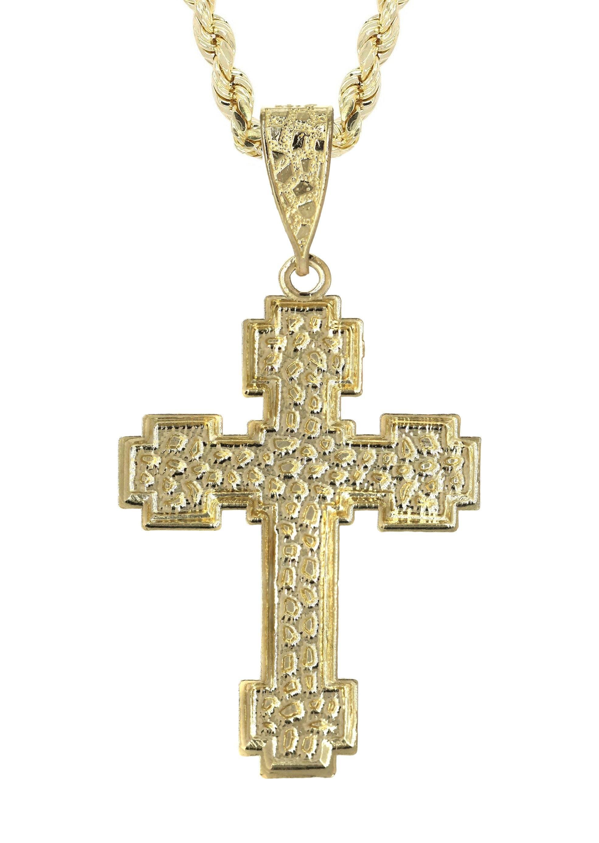 10K Yellow Gold Nugget Cross Necklace for Women & Men - 13.5 Grams Solid Gold Pendant - Religious Jewelry Gift for Baptism, Confirmation, Christmas & Everyday Wear
