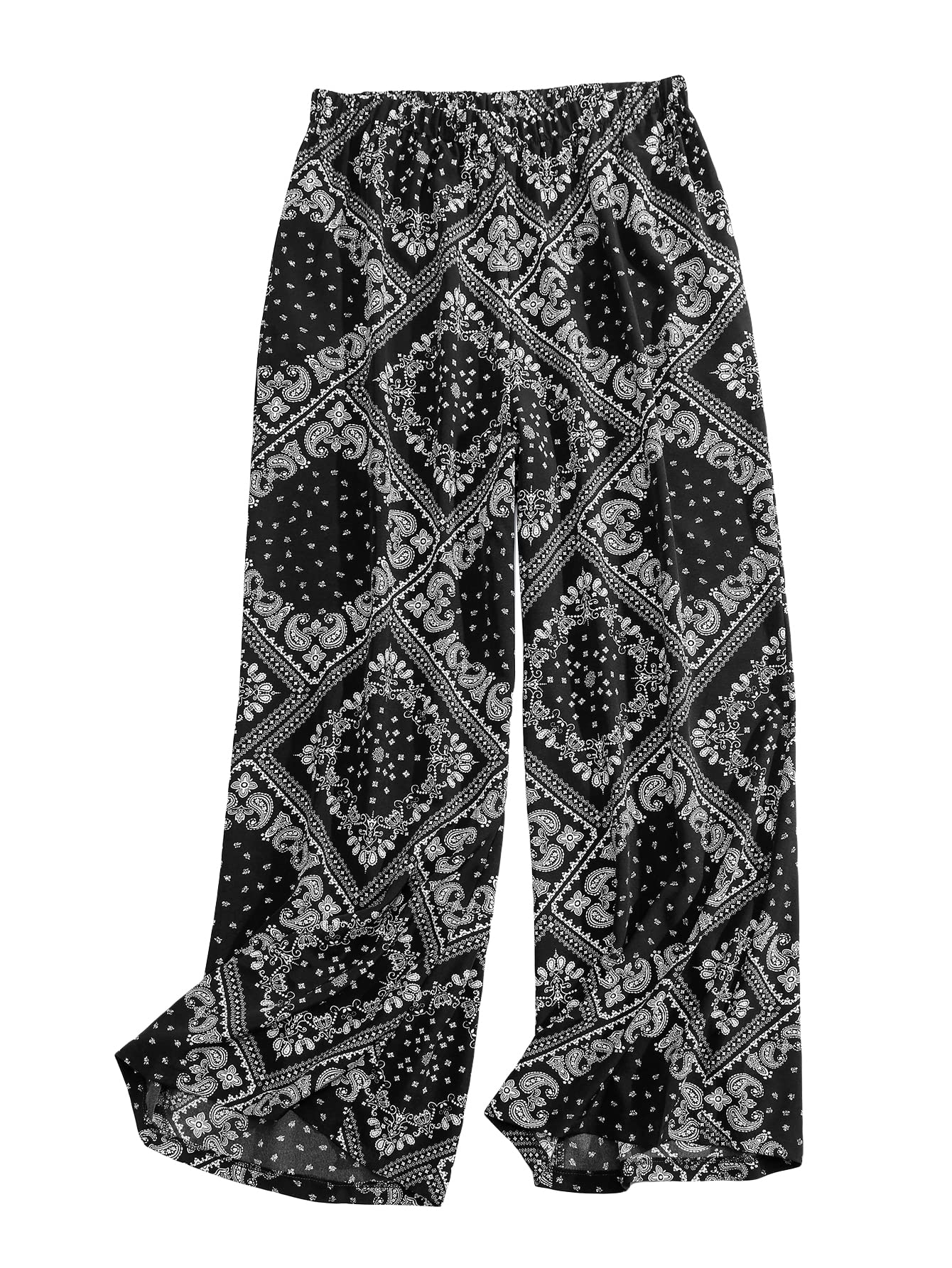 Romwe Women's Plus Size Boho Paisley Print High Waist Wide Leg Pants - Stylish Comfort for Casual Outings, Beach Vacations & Summer Fashion