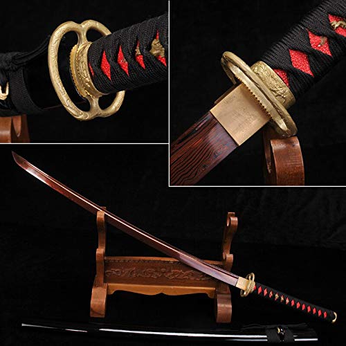 Handmade Damascus Steel Japanese Samurai Katana Sword - Real Functional Full Tang Blade with Red Scabbard - Perfect for Martial Arts Training, Cosplay, and Collectors Display
