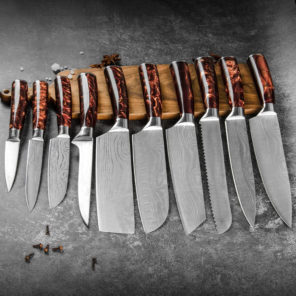 10-Piece Stainless Steel Damascus Chef Knife Set - Professional Kitchen Knives with Resin Handle for Cooking, Slicing & Food Prep | Perfect for Home Chefs & Culinary Enthusiasts