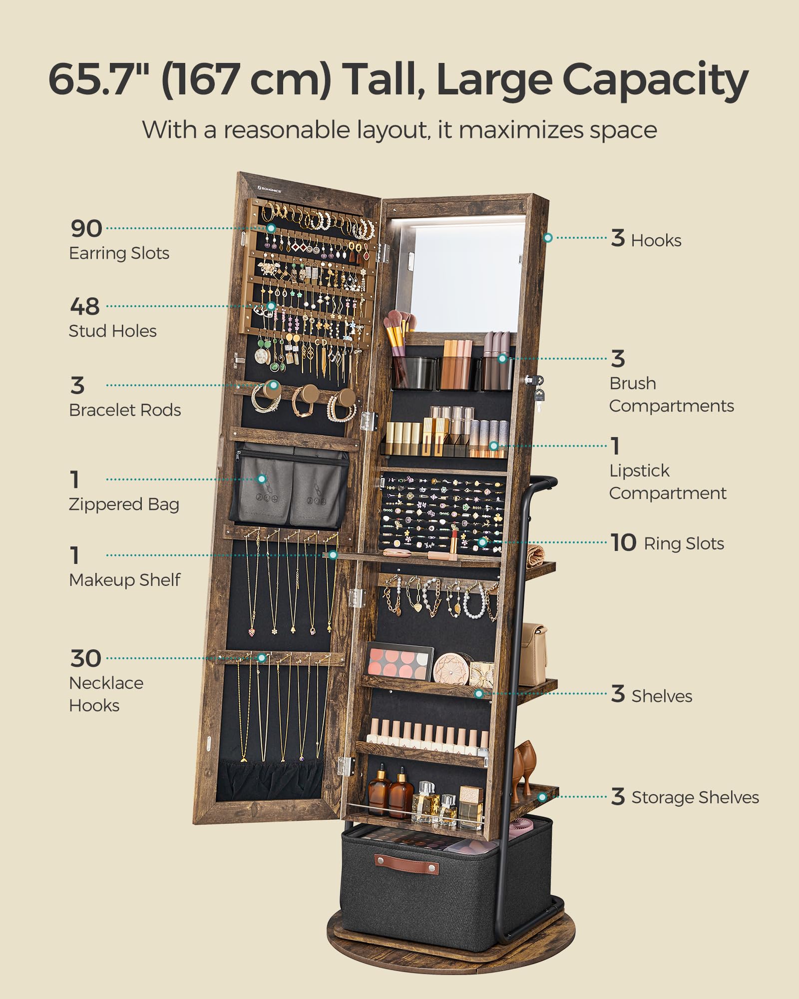 SONGMICS 360° Swivel Full-Length Mirror Jewelry Cabinet with LED Lights - Jewelry Armoire Organizer with Large Storage Basket & Makeup Shelf, Rustic Brown UJJC018X01 - Perfect for Bedroom, Dressing Room & Closet Organization