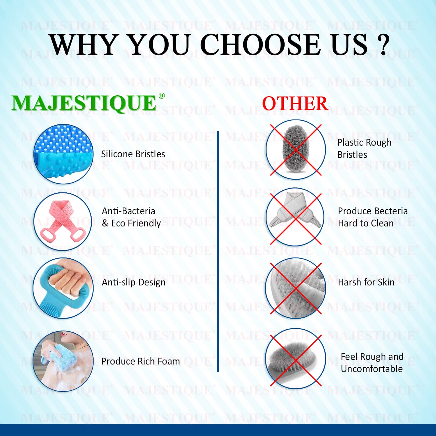 Majestique Silicone Bath Body and Skin Brush Belt - Exfoliating Back Scrubber for Women & Men, Eco-Friendly Long Lasting Shower Brush (Pack of 2) - Perfect for Spa, Home Use and Travel
