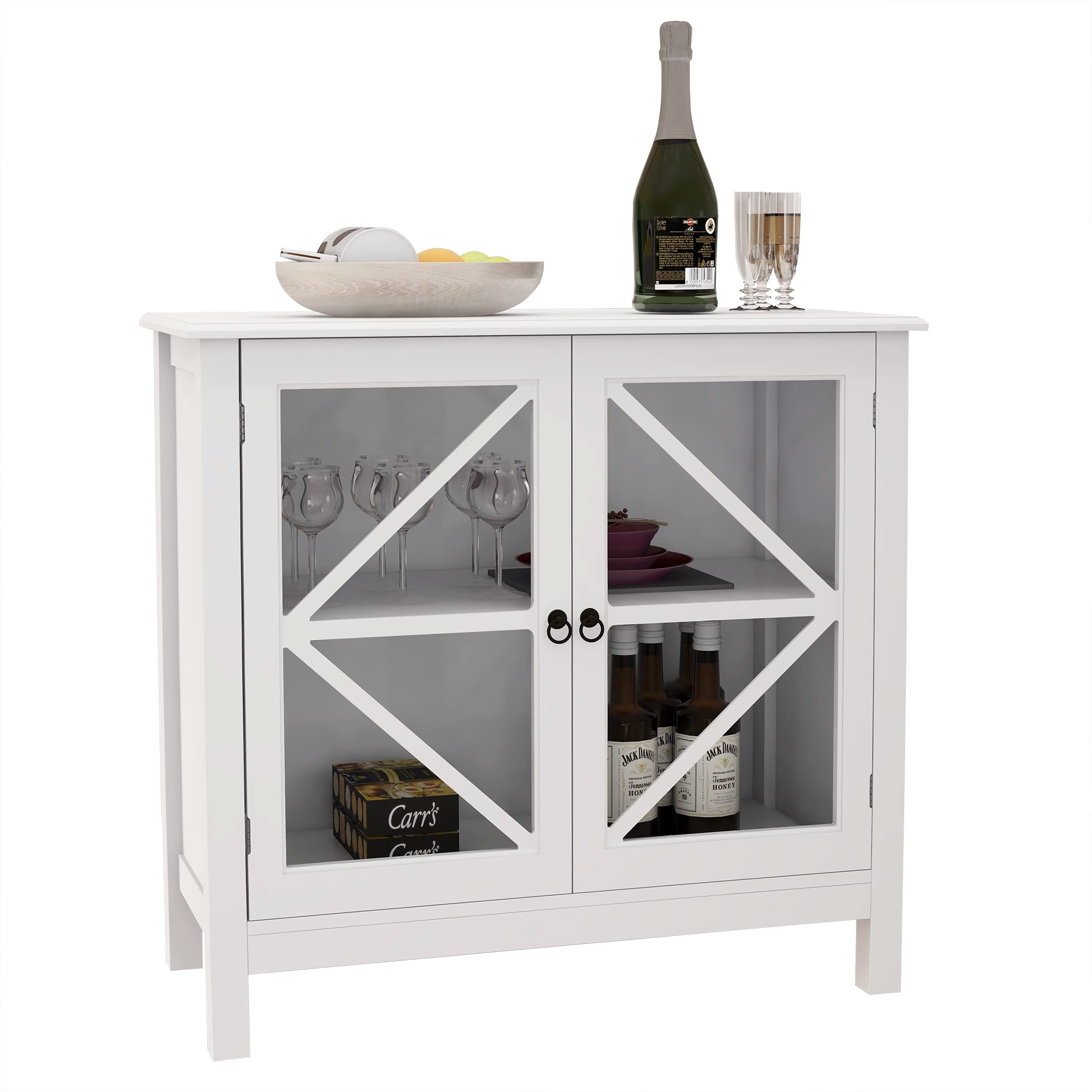 White Accent Storage Cabinet with Glass Doors - Small Buffet Sideboard for Kitchen & Dining Room - Entryway Console Cabinet - Perfect for Home Decor & Storage Solutions