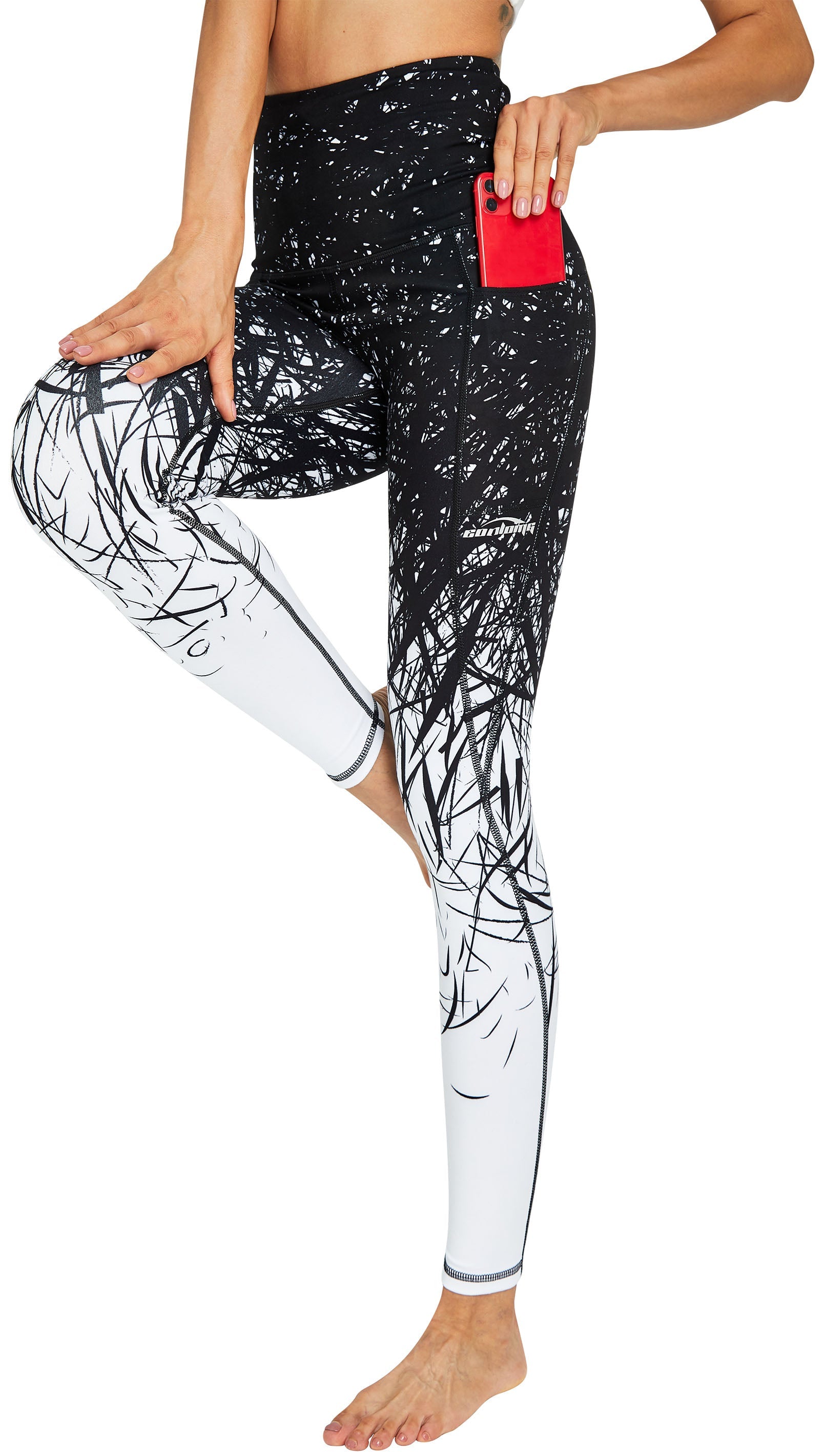 COOLOMG Women's High Waisted Yoga Pants with Side Pockets - Black & White - Perfect for Yoga, Gym Workouts & Casual Wear