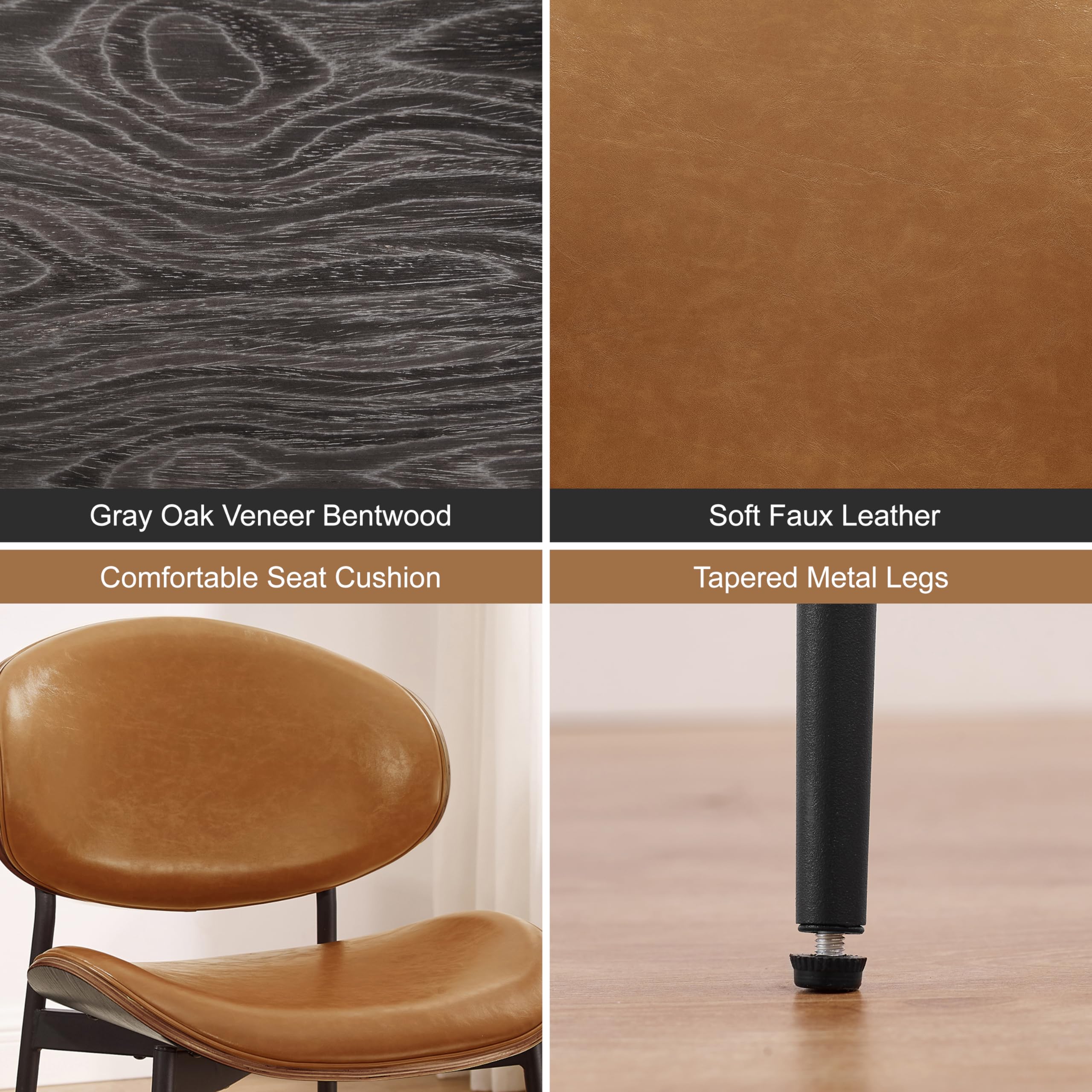 Art Leon Mid Century Modern Dining Chairs Set of 4 - Grey Oak Bentwood with Orange Faux Leather Upholstery & Black Metal Legs - Perfect for Kitchen, Dining Room or Bedroom Accent Chairs