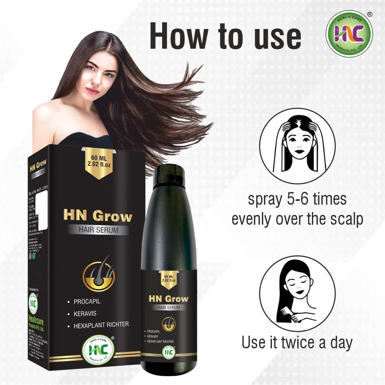 HN Grow Hair Serum with Procapil, Hexaplant & Keravis - 60ml | Hair Fall Control & Healthy Hair Growth Treatment for Men & Women | Perfect for Thinning Hair, Baldness & Scalp Care