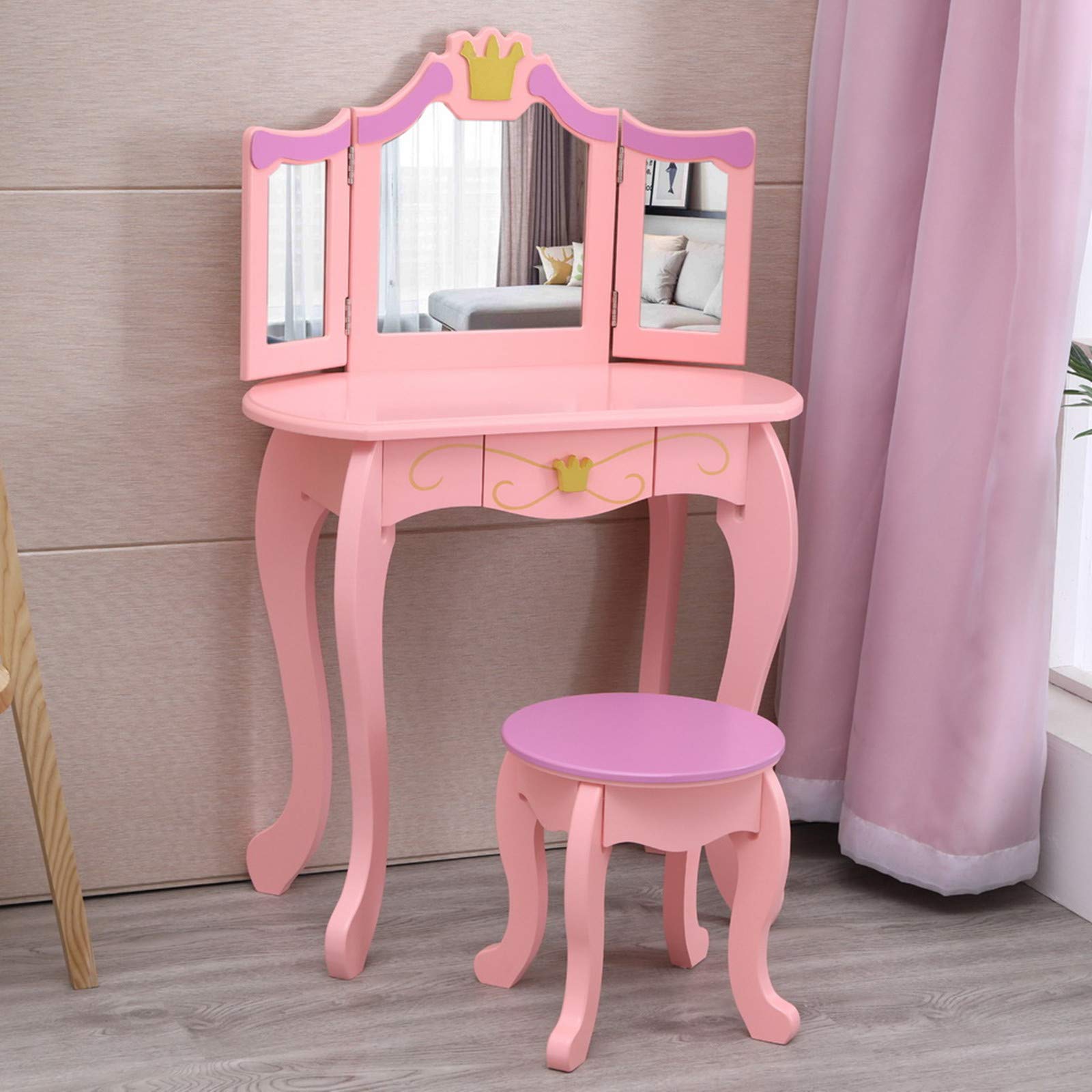 ERRTT Kids Vanity Dresser with 3 Mirrors, Curved Feet - Pink Makeup Table for Girls Bedroom, Beauty Salon & Living Room | Perfect for Dress-Up, Pretend Play & Cosmetics Storage