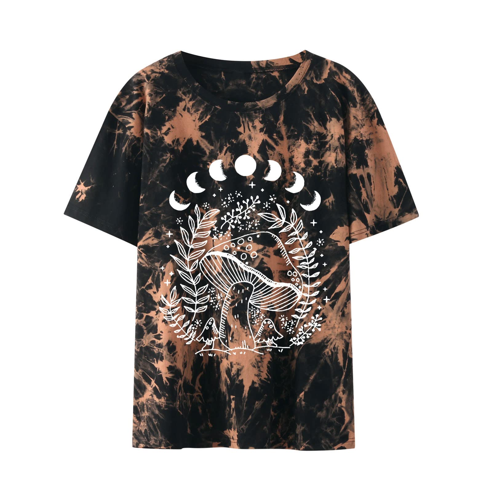 Vintage Sun and Moon Graphic Tee for Women | Short Sleeve Tie Dye T-Shirt with Mushroom Print | Casual Summer Tops for Teens | Perfect for Music Festivals, Beach Outings & Streetwear Fashion