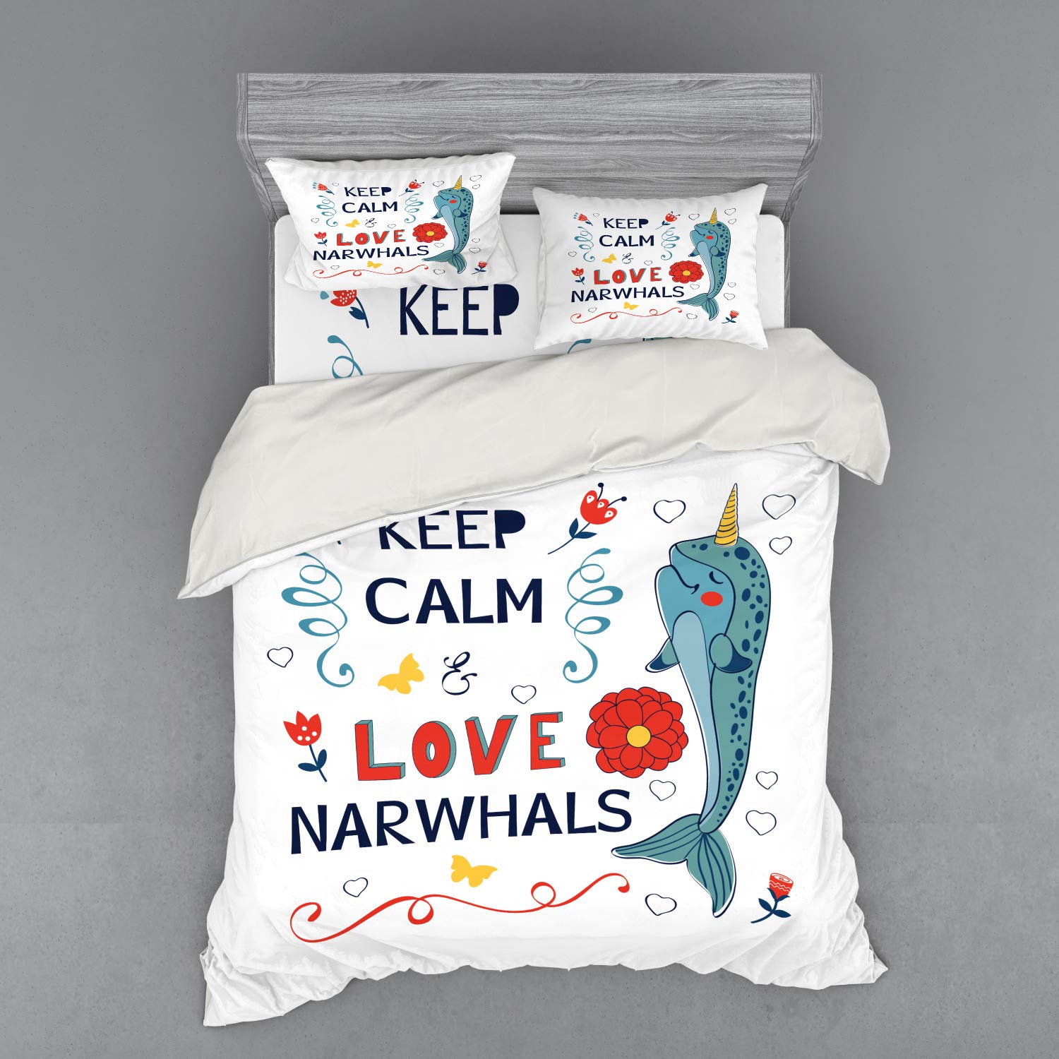 Ambesonne Narwhal Duvet Cover Set - Colorful Ocean Unicorn Design 4-Piece Bedding with Shams & Fitted Sheet, Queen Size Multicolor | Perfect for Kids' Rooms, Beach Themed Decor & Unique Gift Ideas
