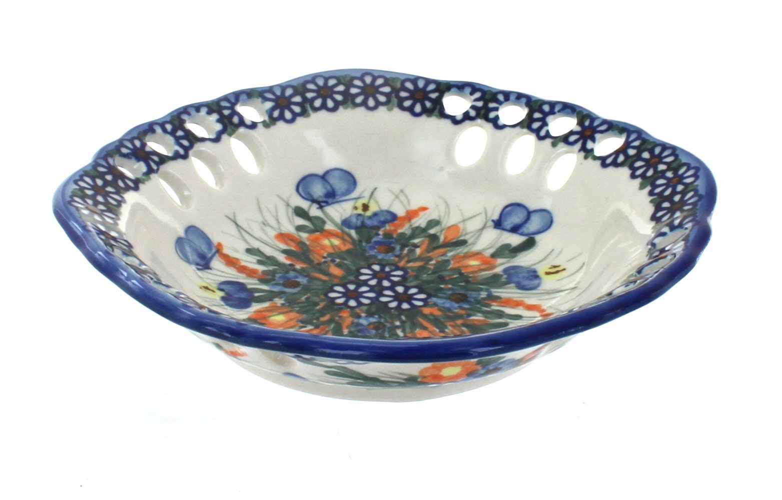 Handmade Blue Rose Polish Pottery Small Fruit Dish with Spring Butterfly Design - Perfect for Dessert Serving, Candy Display & Home Decor