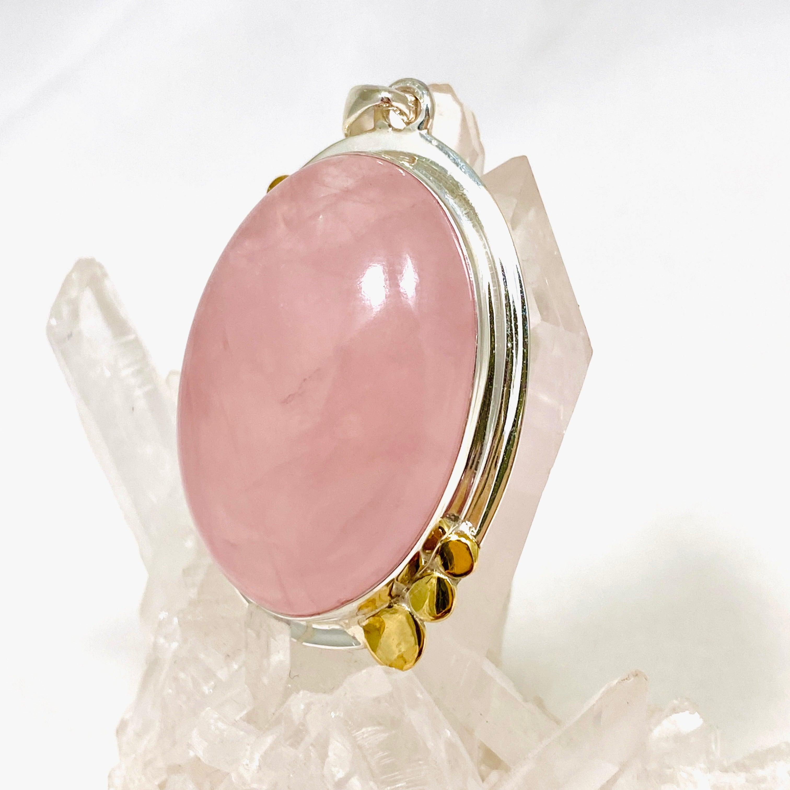 Rose Quartz Oval Pendant Necklace with Brass Accents - KPGJ4312 | Healing Crystal Jewelry for Women, Spiritual Gift & Everyday Elegance