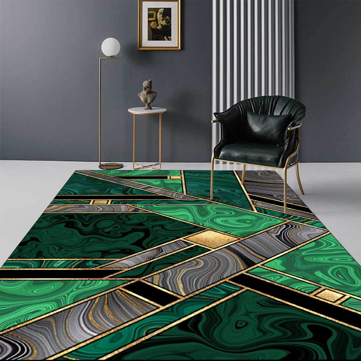 Modern Geometric Striped Area Rug 7x10 - Green Black Gold Abstract Marble Swirl Design - Soft Thick Washable Indoor Carpet for Living Room, Dining Room, Bedroom & Home Office - Retro Aesthetic Floor Mat for Cozy Decor