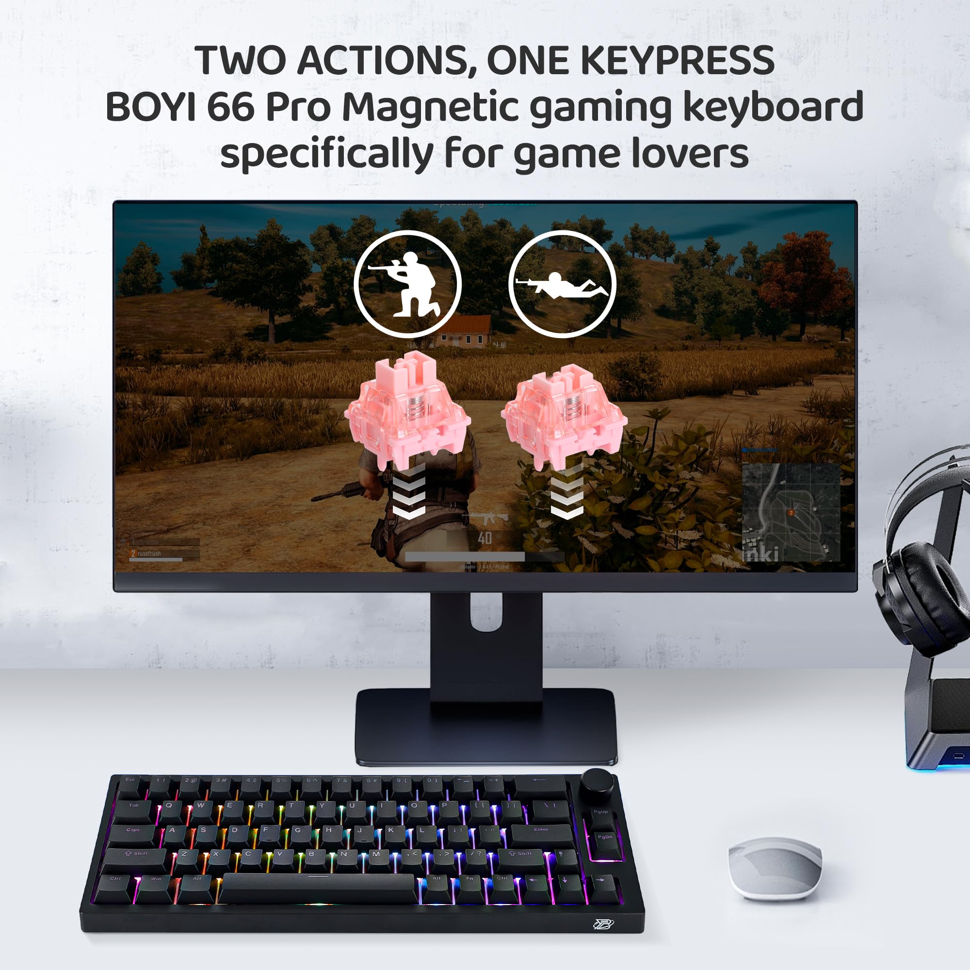 BOYI 66Pro Magnetic Switch 65% Mechanical Gaming Keyboard - Hall Effect, Gasket-Mounted, RGB Backlit, Hot-Swappable, Rapid Trigger, Adjustable Actuation - Wired Compact Keyboard with Volume Knob (Black) for PC, Mac, PS5, Xbox & Esports Gaming