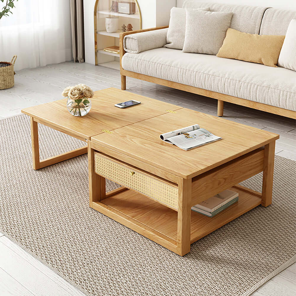 Modern Japandi Style Wooden Folding Coffee Table Set with Rattan Nesting Accent - Space-Saving Dining Table for Small Living Rooms, Apartments & Outdoor Patios