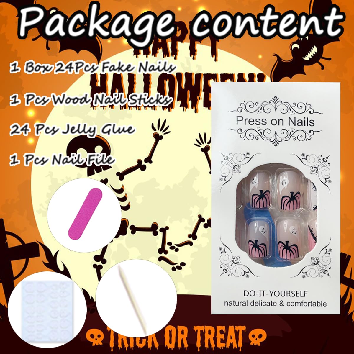 **Halloween Square Press on Nails - 24Pcs Medium Fake Nails with Cute Pumpkin & Ghost Designs, Glossy Pink Acrylic False Nails for Women - Perfect for Halloween Parties, Costumes & Holiday Manicure Decorations**