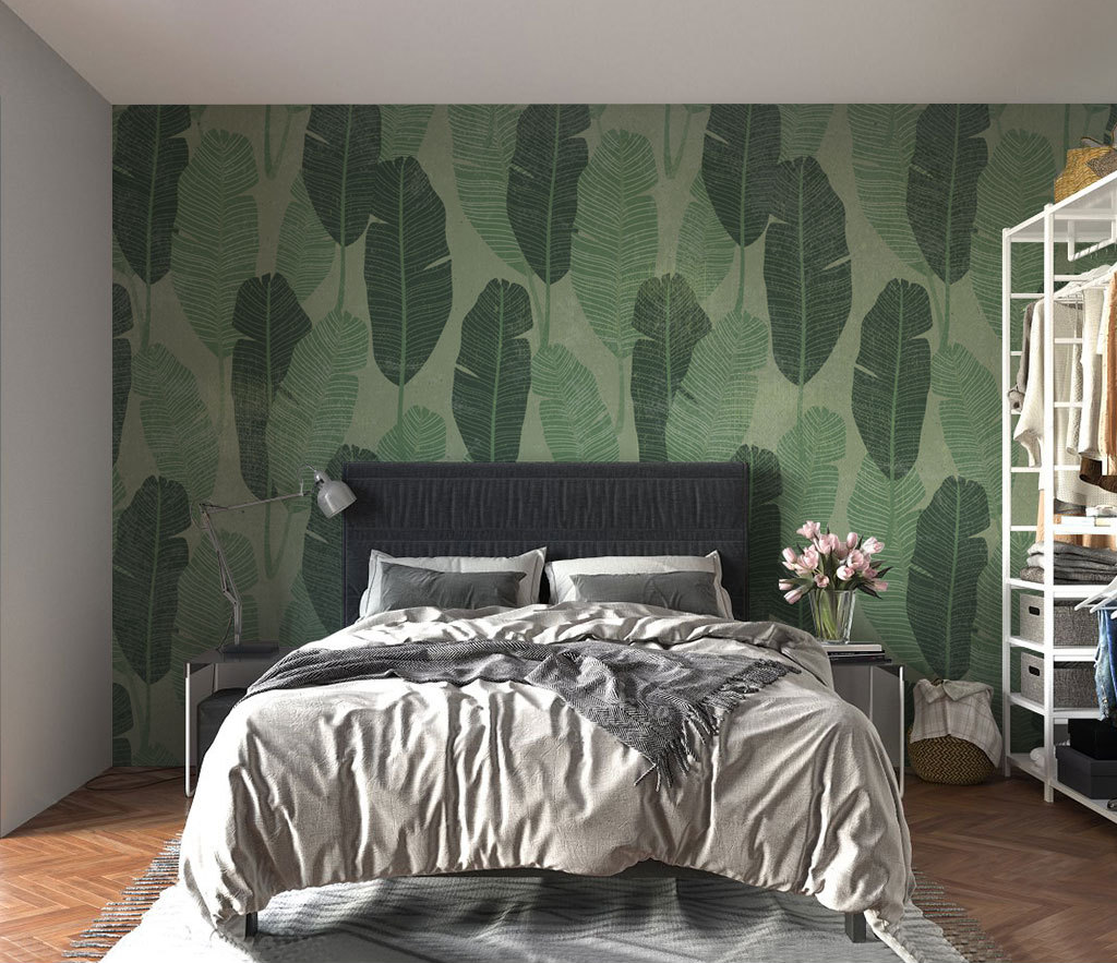 Long Green Leaves Pattern Wallpaper Murals - Tropical Botanical Peel and Stick Wallpaper for Living Room, Bedroom, Office Decor | Easy to Install & Removable