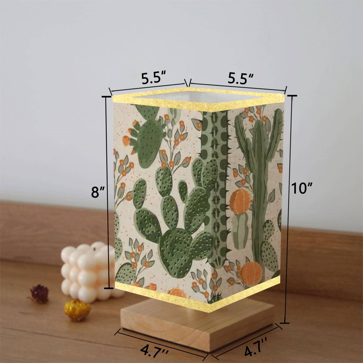 Dimmable Square Bedside Table Lamp with Green Succulent Cactus & Orange Flowers Design - Wooden Base & Flaxen Fabric Shade for Bedroom, Living Room, Office - Perfect Nightstand Lamp for Reading, Relaxing & Home Decor