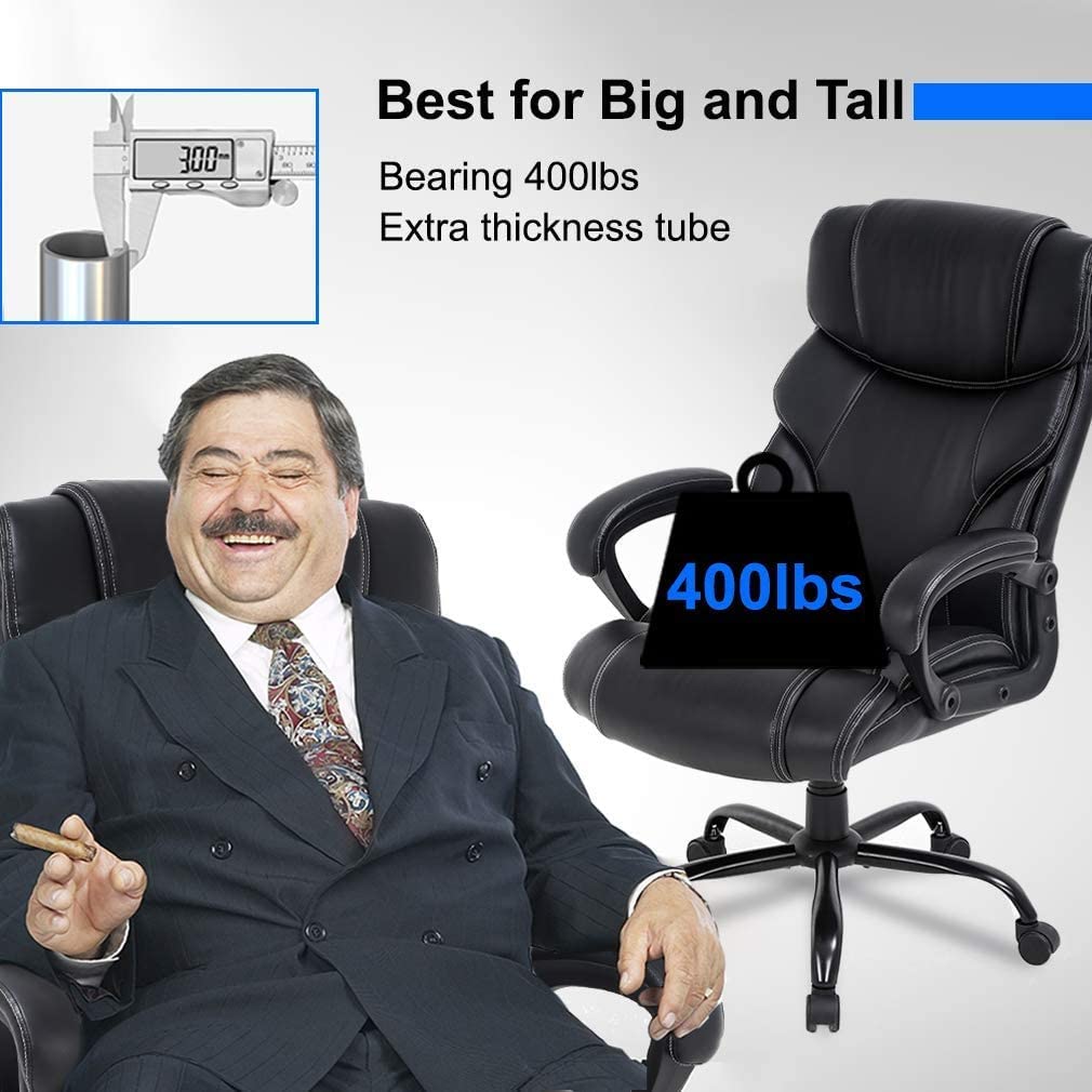 Ergonomic High Back Office Chair with Lumbar Support - 400lbs Weight Capacity Big & Tall Computer Desk Chair, Wide PU Leather Seat for Heavy People & Adults - Perfect for Home Office, Gaming & Workspaces (Black)