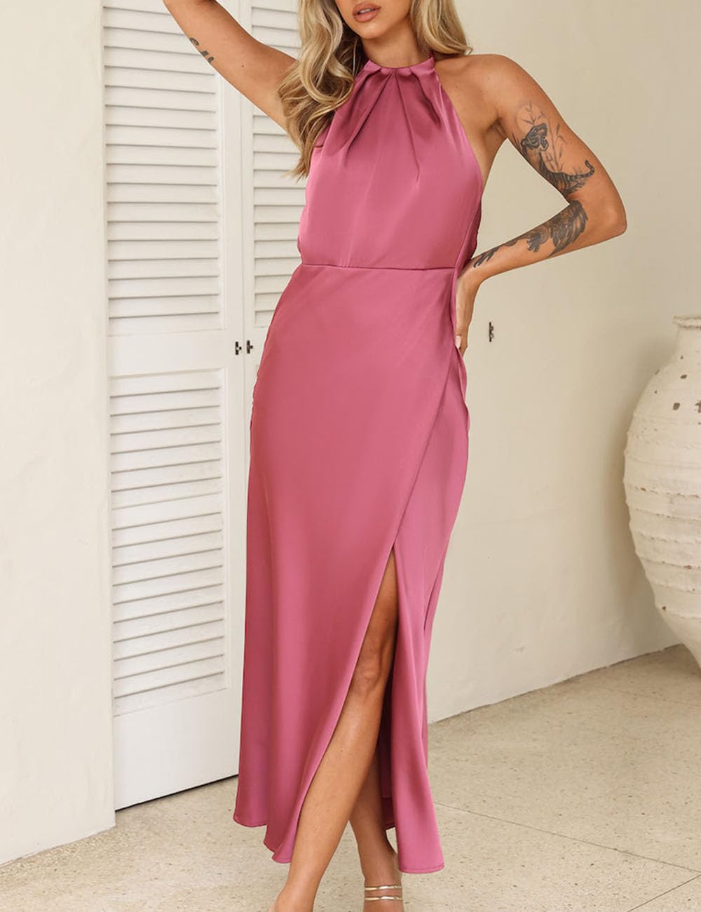 2025 Summer Satin Halter Neck Backless Slit Midi Dress - Elegant Cowl Back Ruched Wedding Guest Maxi Dress for Women - Perfect for Beach Parties, Cocktail Events & Formal Occasions