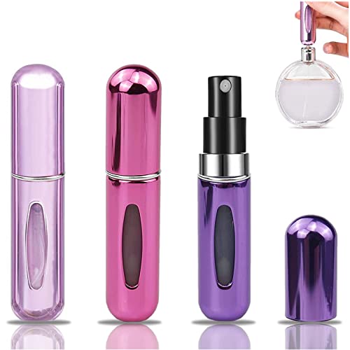 WAEKIYTL 5ml Mini Refillable Perfume Atomizer Bottle Set - 3 Pack Travel Size Portable Spray Bottles (Pink, Rose Red, Purple) for Women, Essential Oils & Fragrances - Perfect for Purse, Gym Bag & Airplane Travel