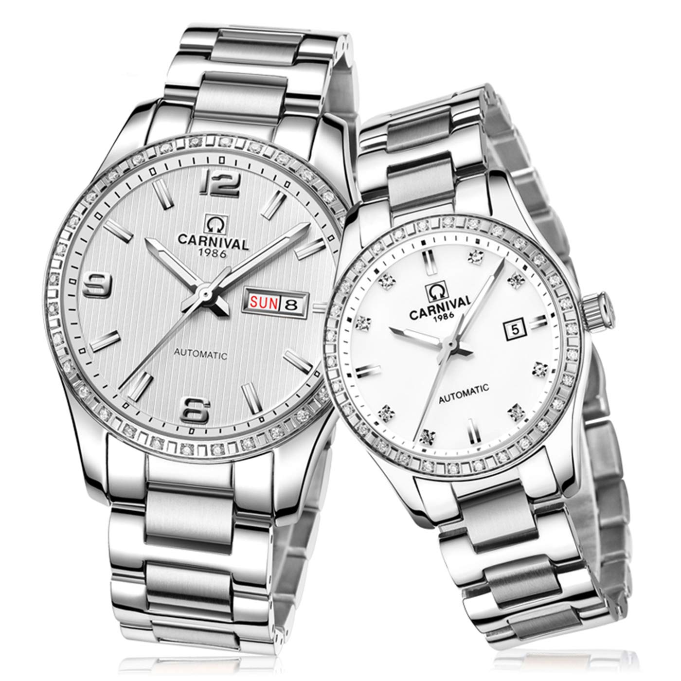 His and Hers Automatic Mechanical Watches - Stainless Steel, Waterproof, Diamond Accents, Luminous Hands with Date Display - Perfect for Anniversaries, Weddings & Couple Gifts