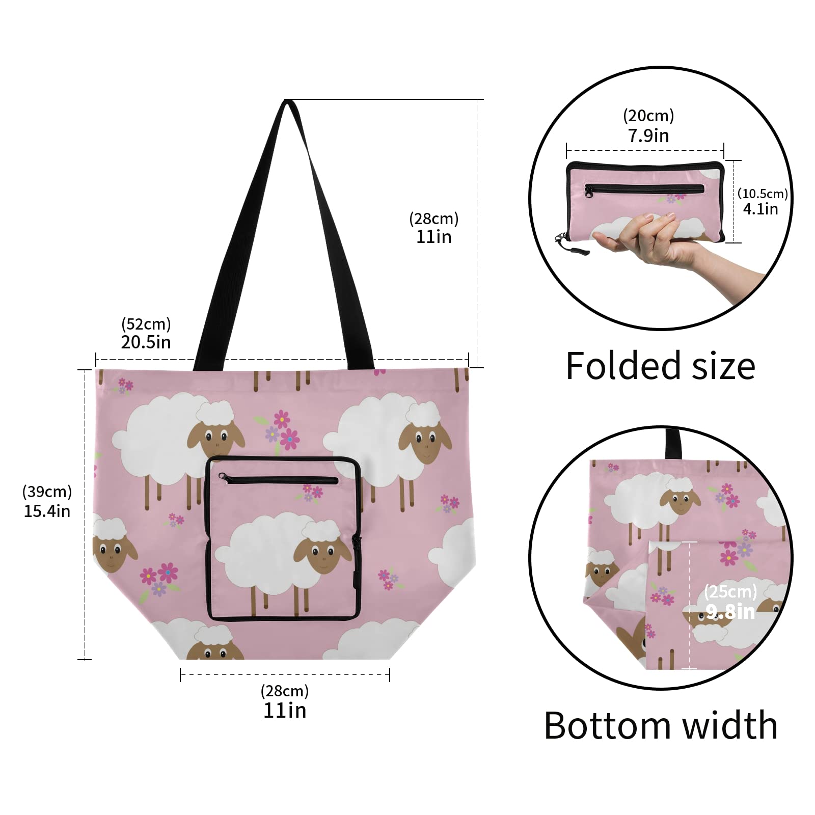 ALAZA Cute Sheep Print Large Pink Tote Bag - Reusable Foldable Grocery Shopping Bag with Handles for Women, Lightweight Shoulder Bag for Outdoor Picnic, Travel, Beach & Daily Use