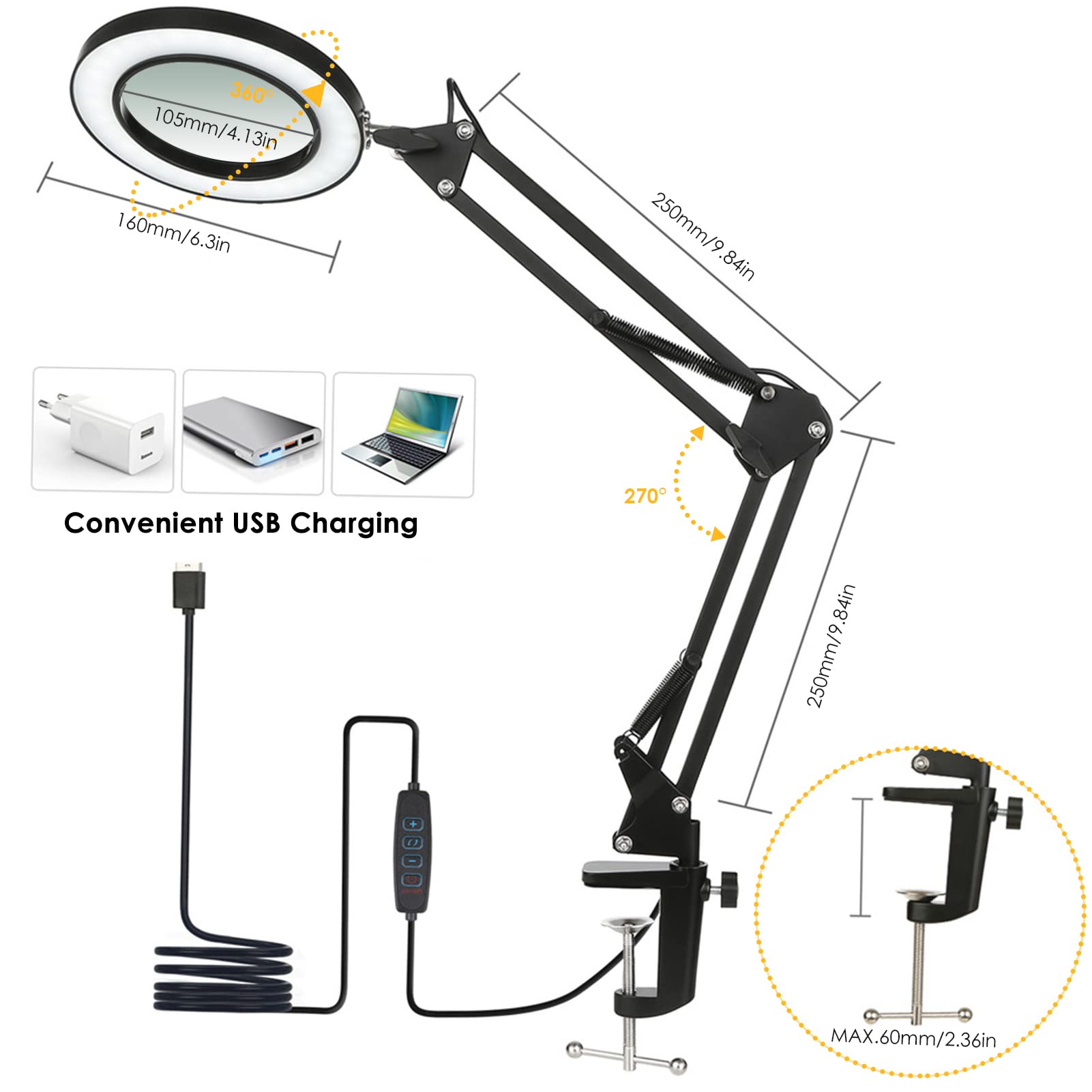 Flexible Clamp-on LED Desk Lamp with 8X Magnifier - Dimmable Swing Arm Light with 3 Color Modes & 10 Brightness Levels - Perfect for Reading, Working, Studying, and Crafting