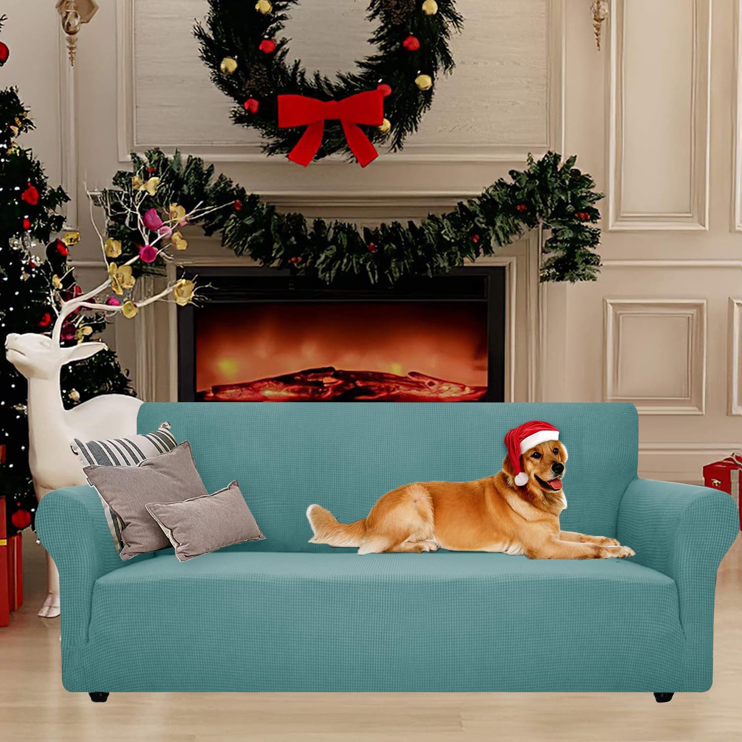 YSTELLAA High Stretch Sofa Cover for 4-Seater Couches - Non-Slip Elastic Sofa Slipcover with Armrests - Universal Durable Couch Protector for Pets (Light Blue) - Perfect for Living Room, Family Room & Pet-Friendly Homes