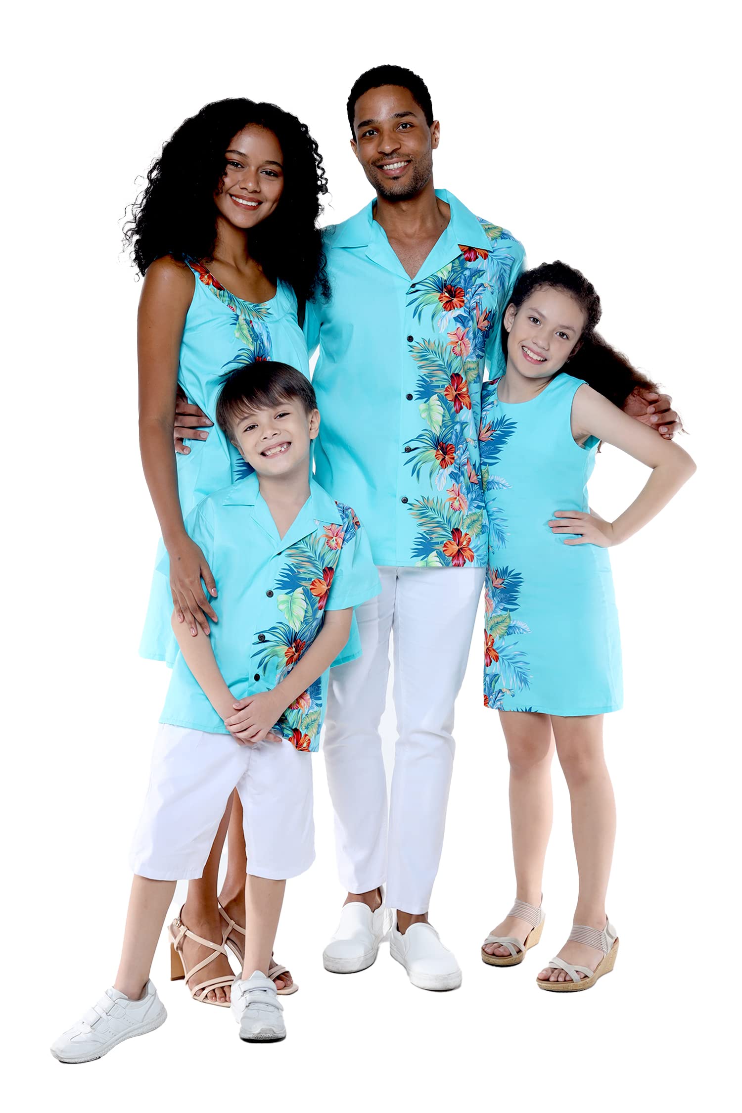 Hawaiian Luau Matching Family Outfits - Orchid Paradise Turquoise Aloha Shirts for Men, Women, Girls & Boys | Beach Party, Vacation & Summer Outfits