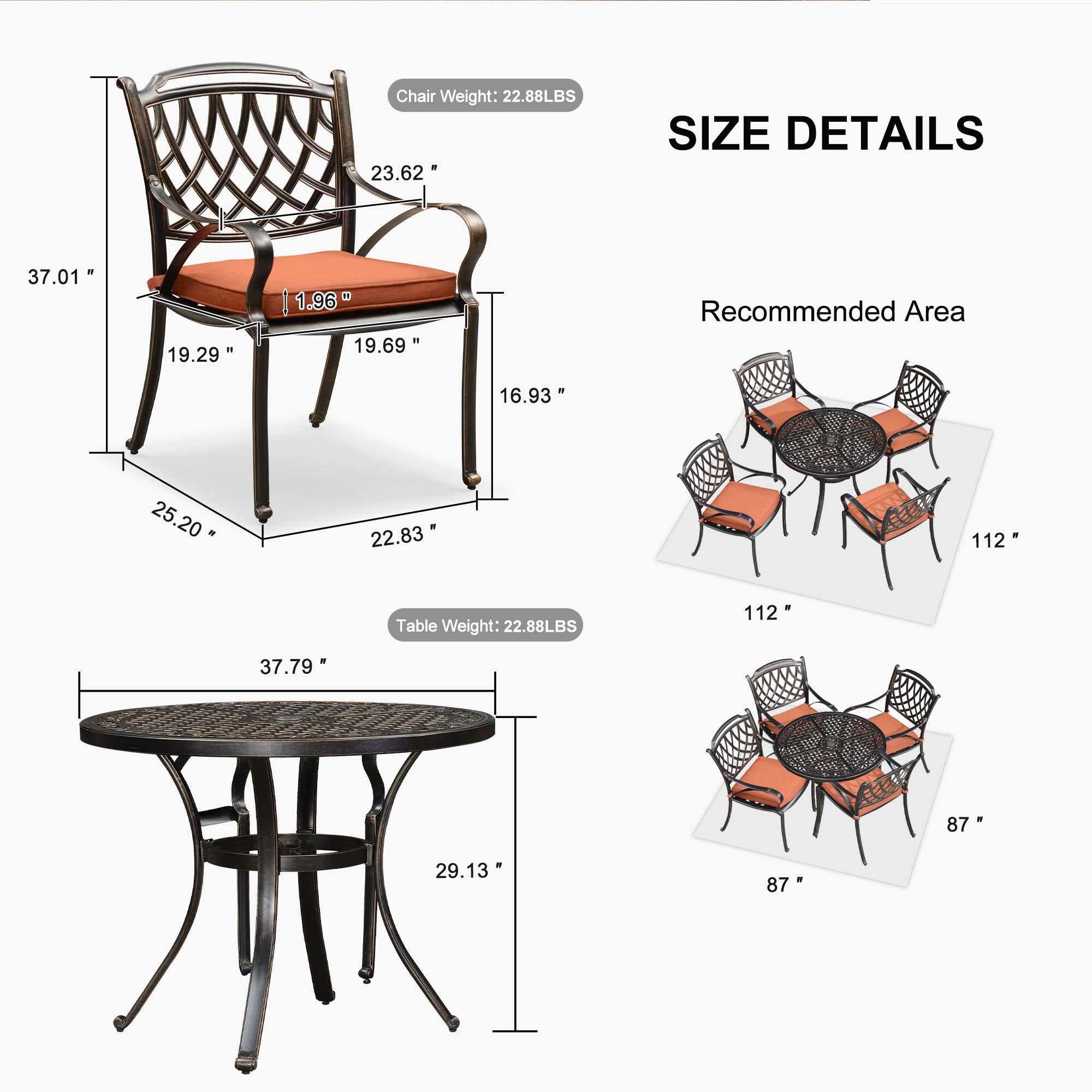 PURPLE LEAF 5-Piece Outdoor Dining Set - Cast Aluminum Patio Furniture with 4 Armchairs & 37