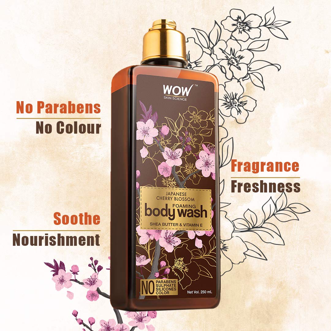 WOW Skin Science Japanese Cherry Blossom Foaming Body Wash - Sulfate Free, Paraben Free, Silicone Free & Dye Free - 250mL for Soft, Hydrated Skin - Perfect for Daily Shower & Spa Day Relaxation