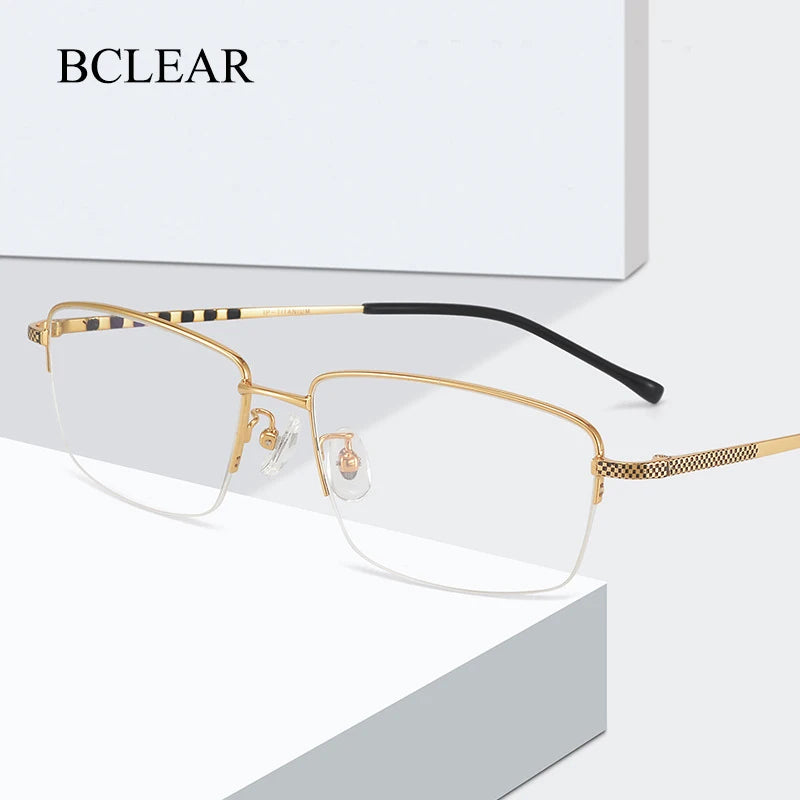 Bclear Men's Semi-Rimless Big Square Titanium Eyeglasses Frame 7822 - Lightweight Durable Glasses for Work, Reading & Fashion