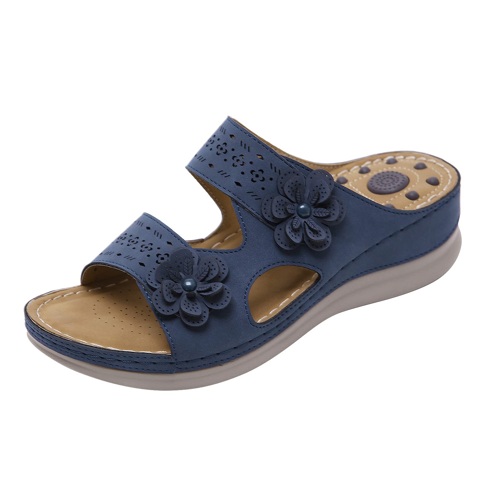 Women's Comfortable Flower Print Thick Sole Sandals - Breathable Hollow Flat Slippers for Beach, Casual & Hiking | Navy Blue Jelly Slides with Pillow Cushioning - Perfect for Summer Walking, Vacation & Outdoor Activities
