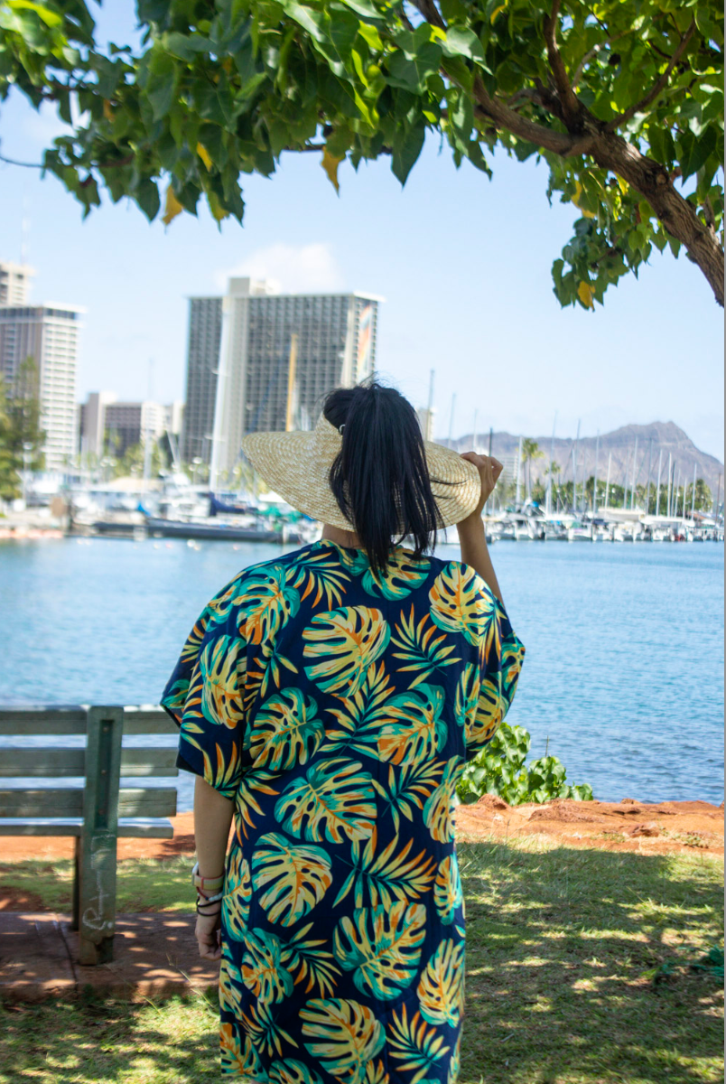 Nikki Monstera Green Blue Coverup - Stylish Swimwear Cover-Up for Women | Perfect for Beach, Pool, and Vacation Outfits