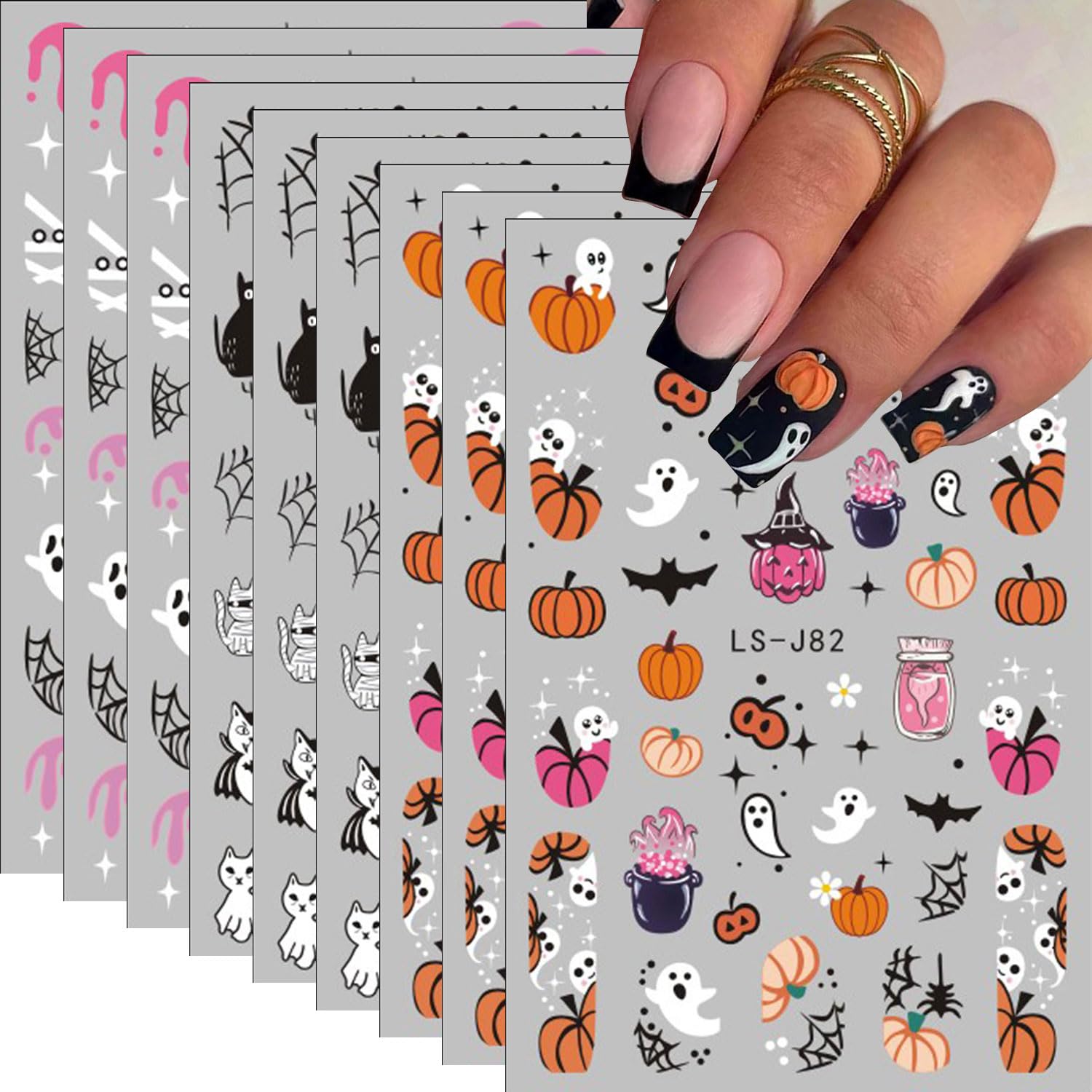 9PCS Halloween Nail Art Stickers - 3D Self-Adhesive Pumpkin Ghost Bat Cat Skull Designs for Manicure | Fall Nail Decorations for Women & Girls | DIY Nail Art Supplies | Perfect for Halloween Parties, Autumn Nail Art & Spooky Season Decor