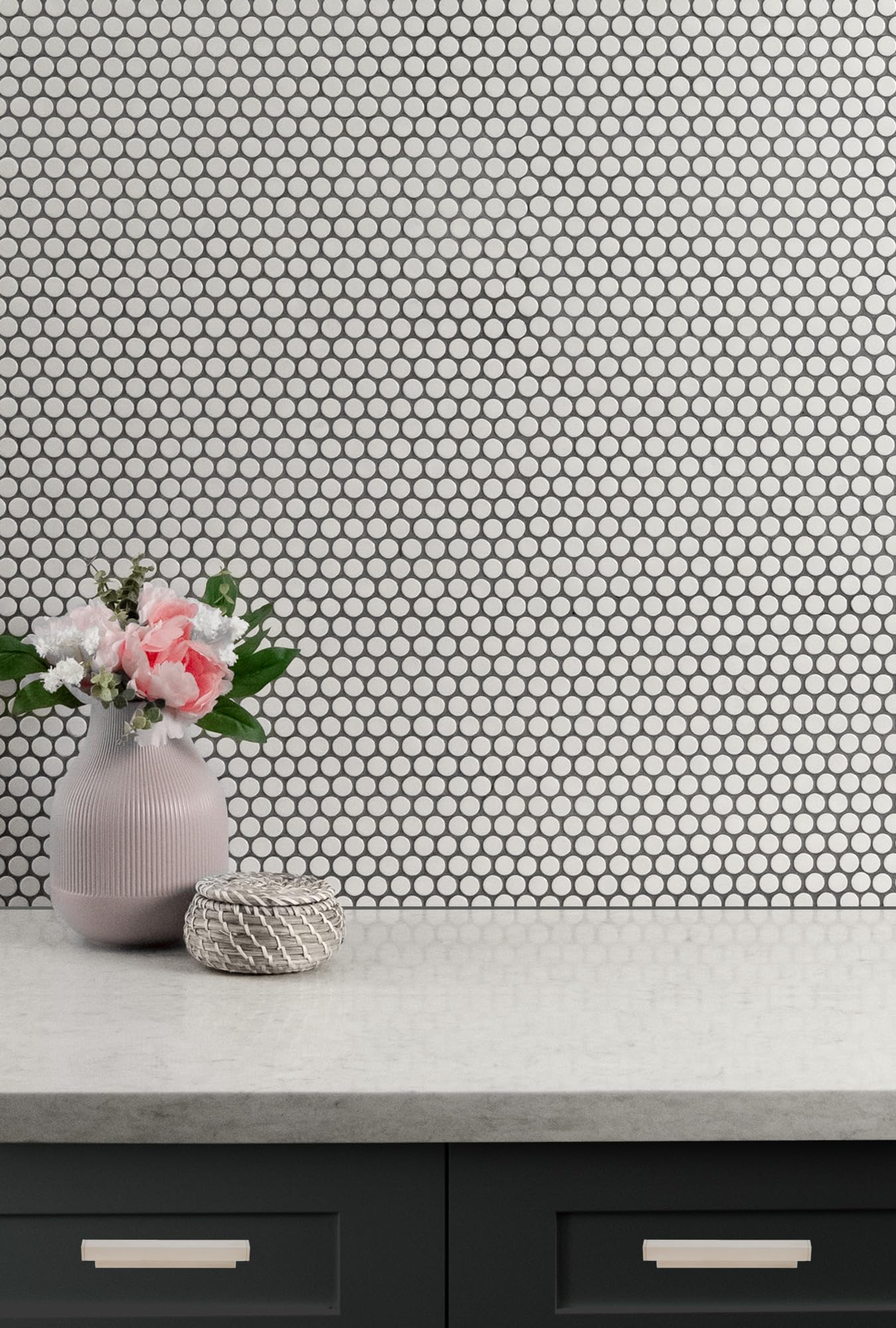 MSI Almond 11.63x11.5 Inch Glossy Porcelain Penny Round Mosaic Tile - Kitchen Backsplash, Bathroom Wall, Shower Floor Tile - Beige Mesh-Mounted Ceramic Tiles for Home Renovation & Commercial Spaces