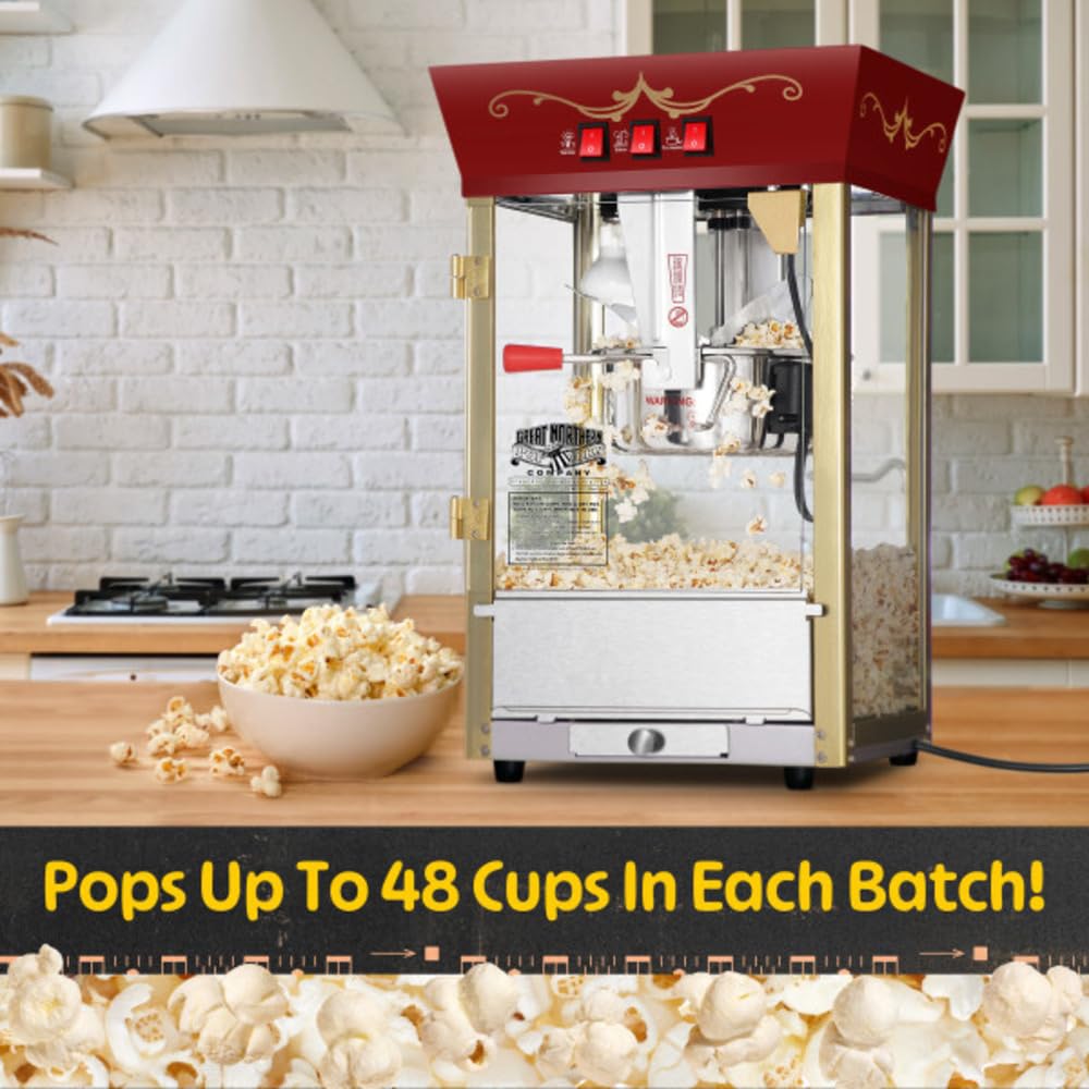 Great Northern Popcorn Matinee 8oz Popcorn Machine with Stainless Steel Kettle - Red Commercial Popcorn Popper with Reject Kernel Tray, Warming Light & Accessories for Movie Nights, Parties & Home Theater Snacks