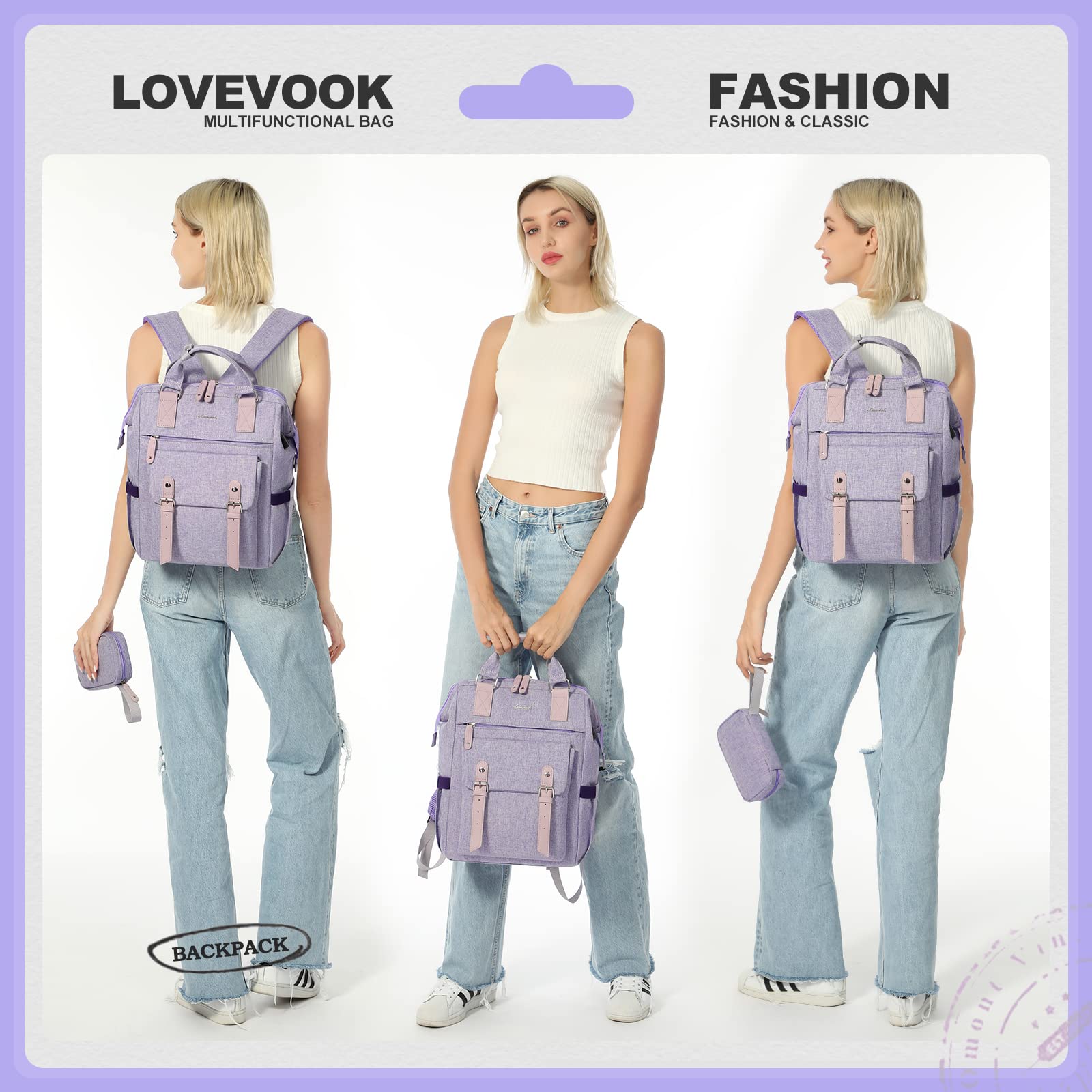 LOVEVOOK Women's Cute Purple Laptop Backpack - 15.6 Inch College School Bookbag for Teen Girls, Teacher Nurse Work Bag, Business Travel Daypack, Perfect for Work, School, and Travel