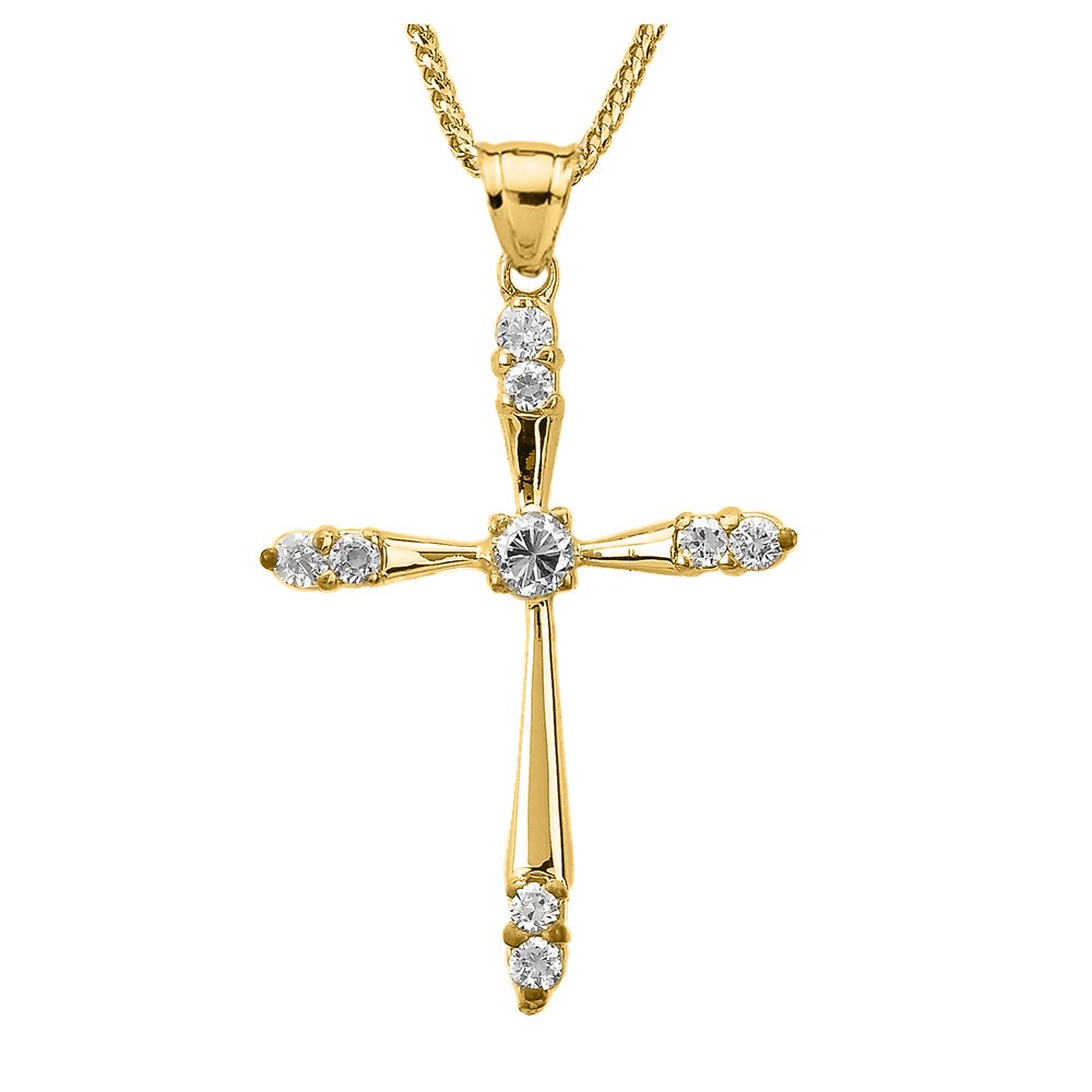 14K Yellow Gold Diamond Accent Solitaire Cross Pendant Necklace for Women - Elegant Religious Jewelry Gift for Christmas, Baptism & Everyday Wear