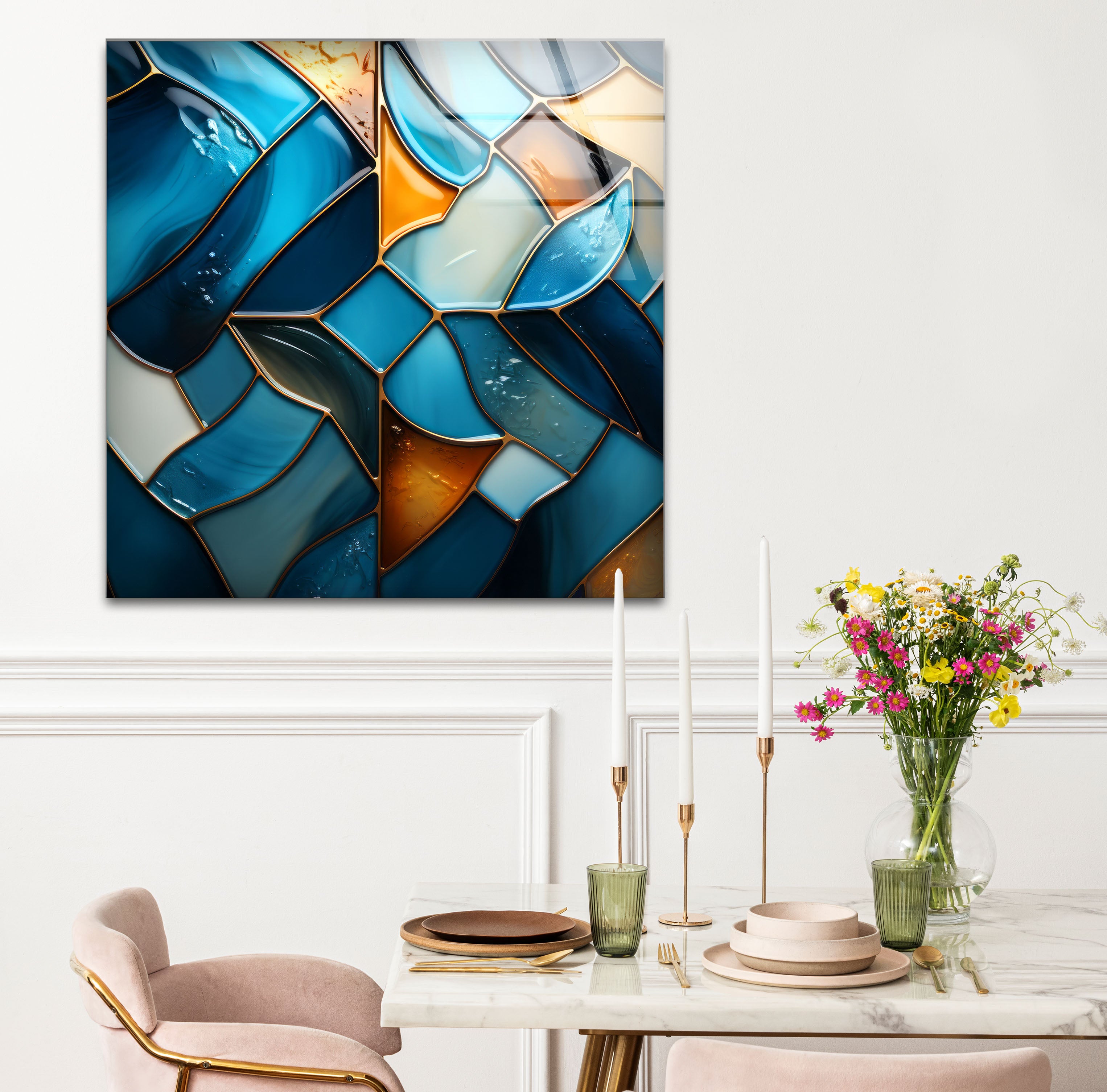 Blue Stained Glass Wall Art - Abstract Mosaic Glass Print Decor for Living Room, Bedroom & Office | Handmade Modern Home Decor