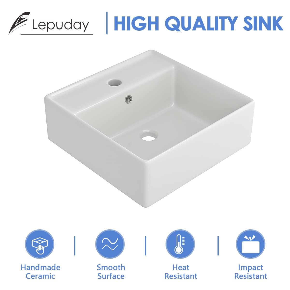 Lepuday 18x18 Inch White Ceramic Wall Mount Floating Vessel Sink - Modern Square Bathroom Sink for Small Spaces, Powder Rooms & Contemporary Vanities