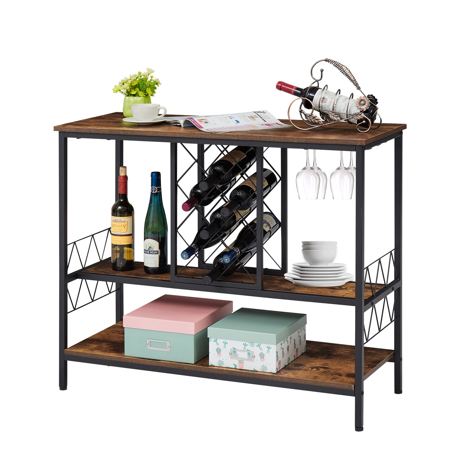 Kinbor Industrial Wine Rack Table with Glass Holder & Storage - Floor Standing Wooden Wine Cabinet for Kitchen, Dining Room, Bar - Perfect for Home Decor, Entertaining & Corner Display