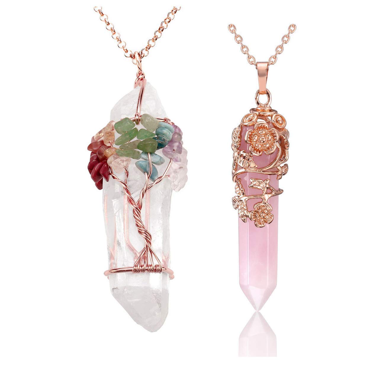Jovivi 2-Piece Chakra Healing Crystal Necklace Set - Natural Clear Quartz Wire Wrapped Necklace & Rose Gold Flower Rose Quartz Pointed Crystal Pendant | Spiritual Healing, Meditation, Yoga, Energy Balancing Jewelry Gift