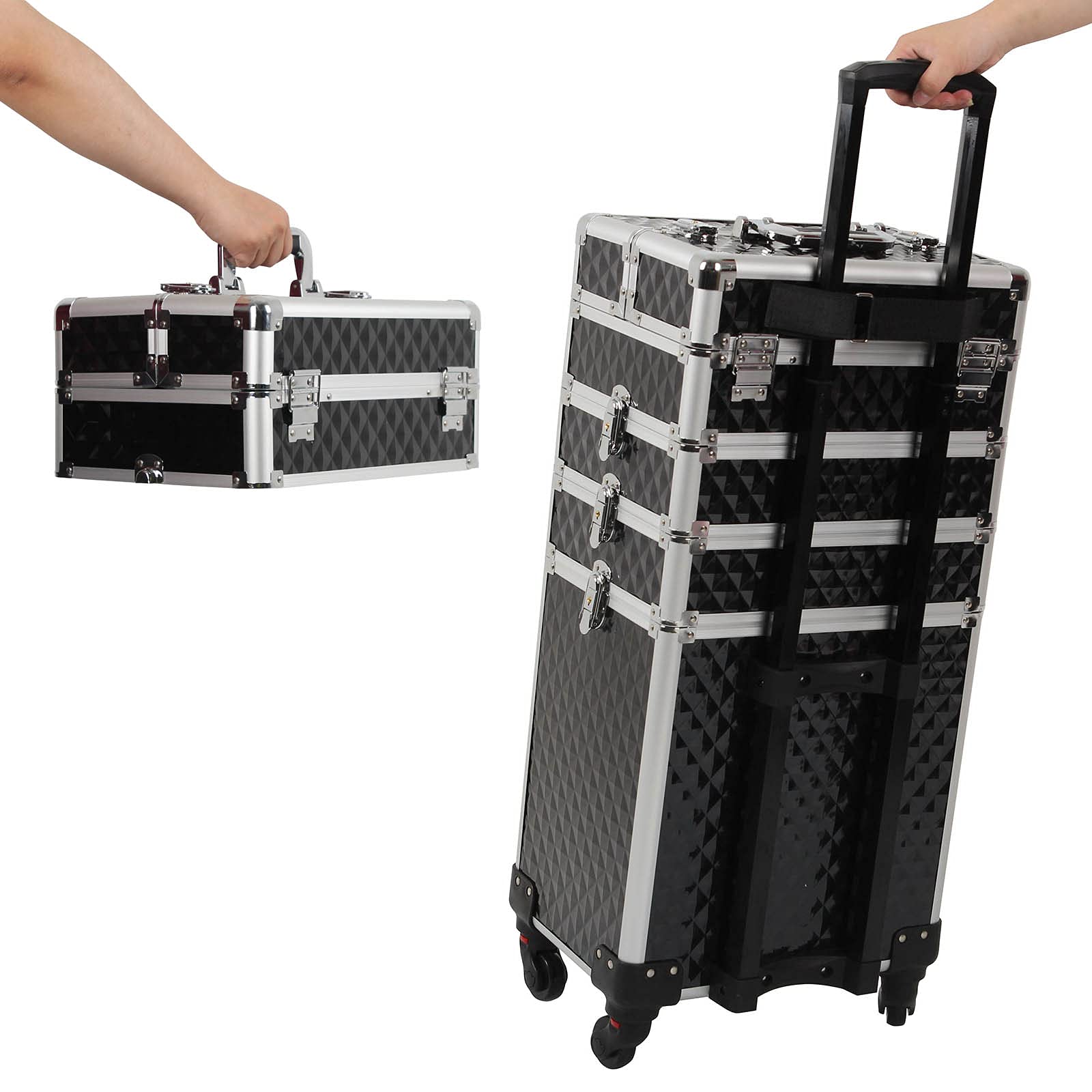 4 in 1 Professional Makeup Train Case with Large Storage - Lockable 4-Wheel Rolling Cosmetic Trolley with Diamond Surface (Black) | Perfect for Salon Professionals, Makeup Artists & Travel Organization
