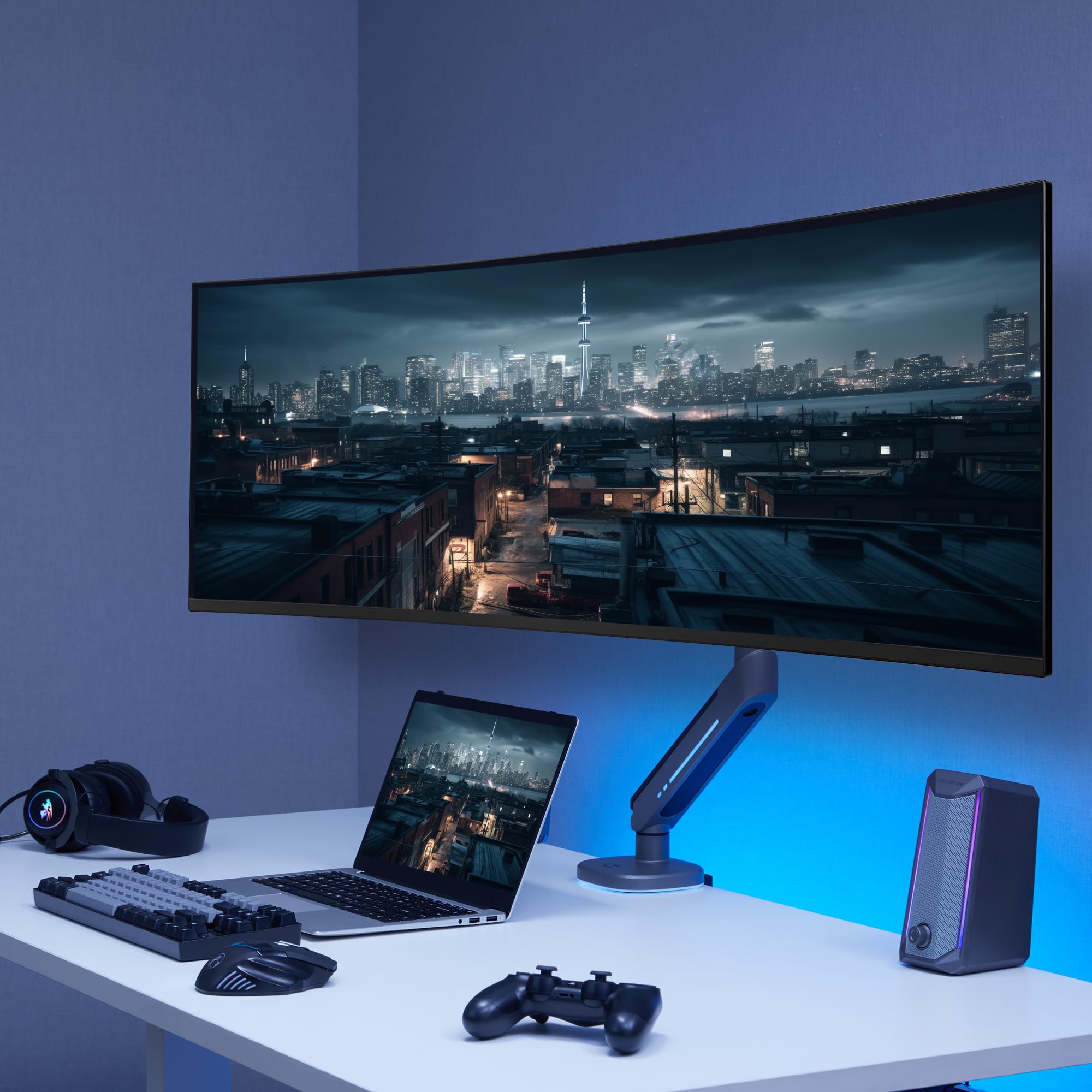 AVLT Single 27”-45” RGB Gaming Monitor Arm Desk Mount with 20 Lighting Modes & Touch Control - Adjustable Height, Swivel, Tilt for Flat/Curved/Ultrawide Screens - Dark Gray | Perfect for Gaming Setup, Home Office & Workstation Ergonomics