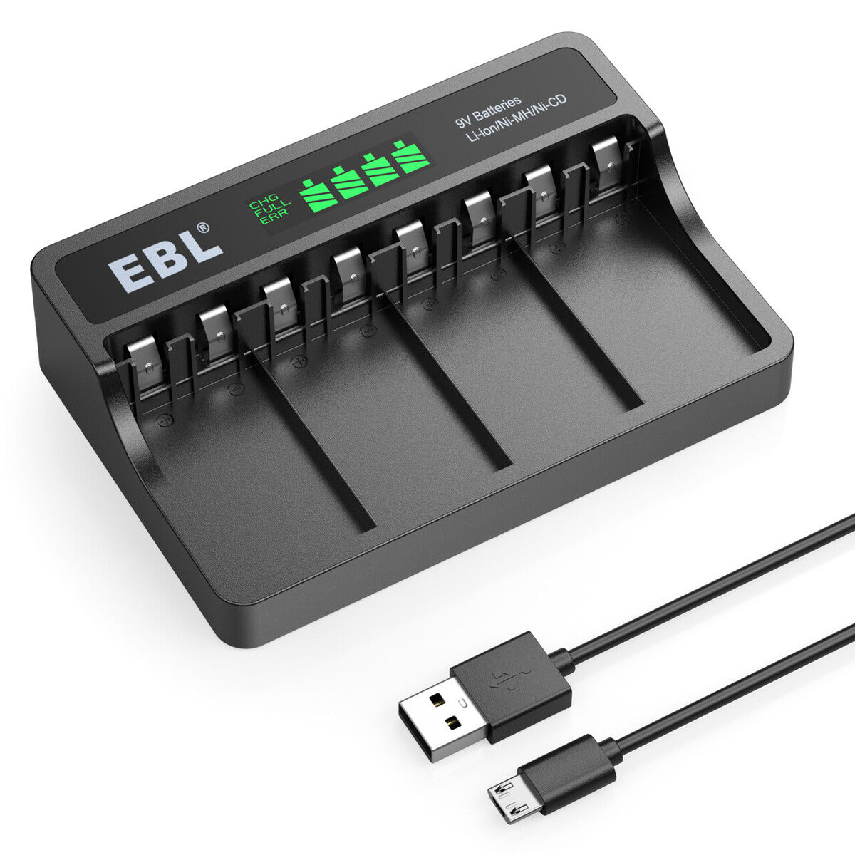 EBL 4 Bay 9V Battery Charger for Rechargeable Li-ion Ni-MH Ni-CD Batteries - Fast Charging for Smoke Detectors, Guitar Pedals & Wireless Microphones