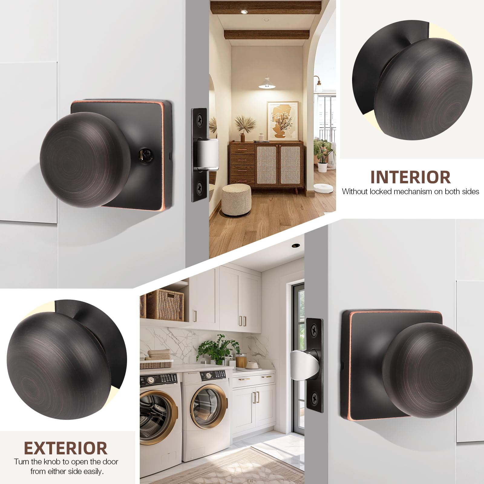 GOBEKOR 3 Pack Keyless Passage Door Knobs - Oil Rubbed Bronze Interior Door Knob with Lock, Stainless Steel Round Knob for Hallway, Bedroom & Closet - Easy Installation & Smooth Operation