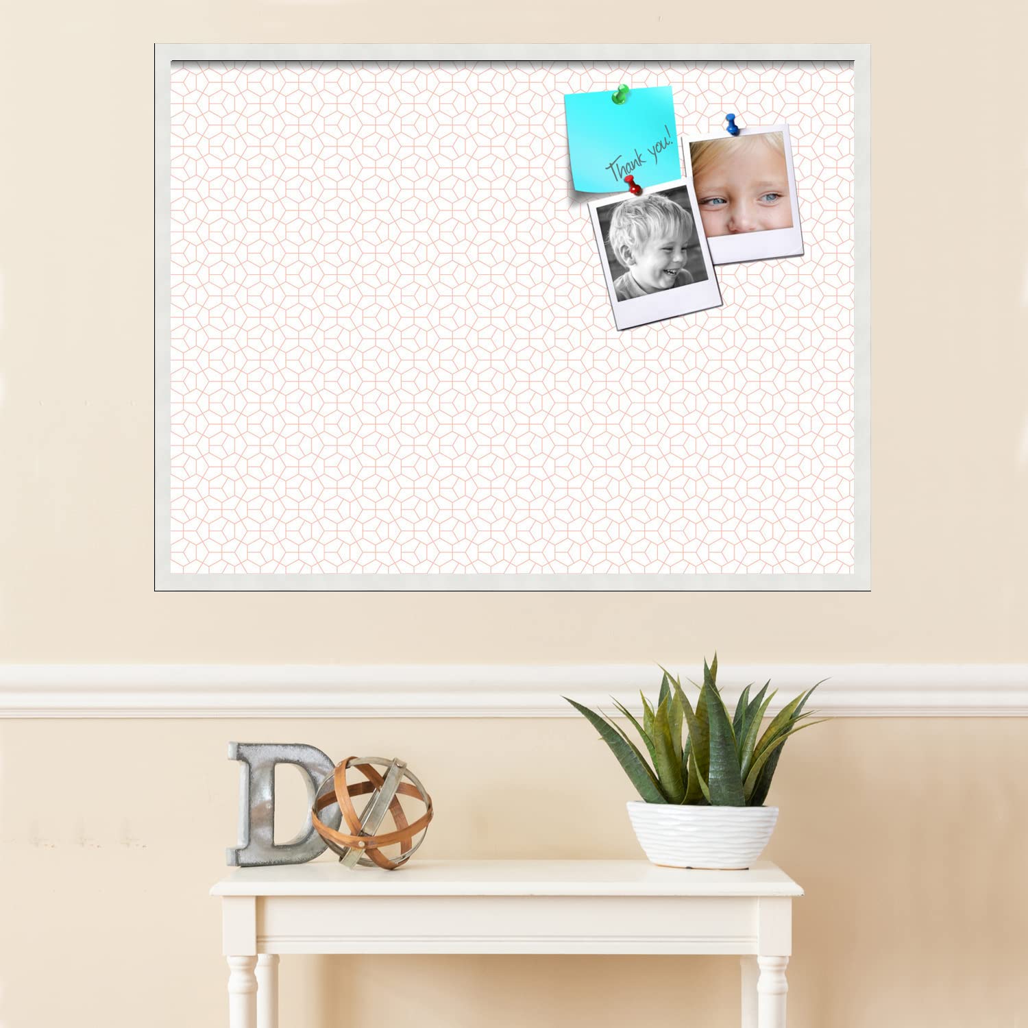 PinPix 40x30 Inch Cork Bulletin Board with Hex Grapefruit Design & White Frame - Stylish Wall Organizer for Home Office Decor, School Classroom, Dorm Room, or Workspace (PinPix-1636)