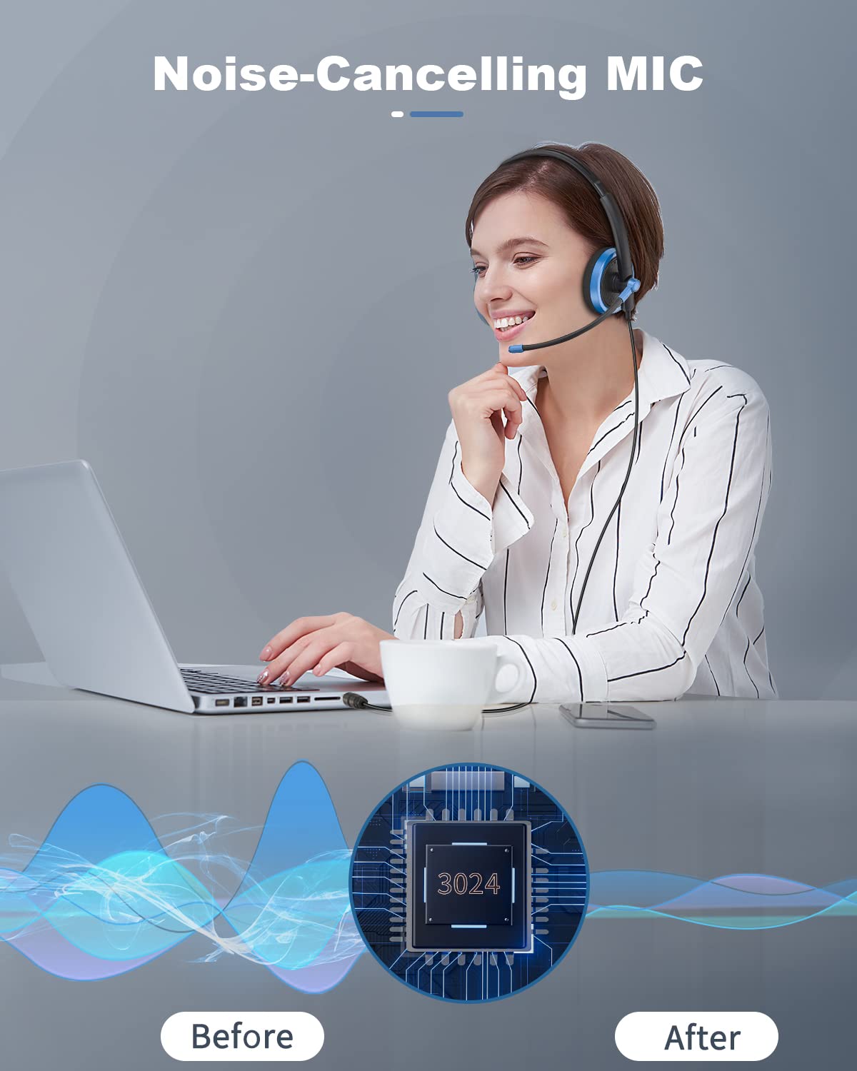 NUBWO USB Gaming Headset with Microphone - Noise Cancelling Computer Headset with In-line Volume Control - Works with PC, Laptop, Zoom, Teams (Blue) - Perfect for Online Meetings, Gaming & Remote Work